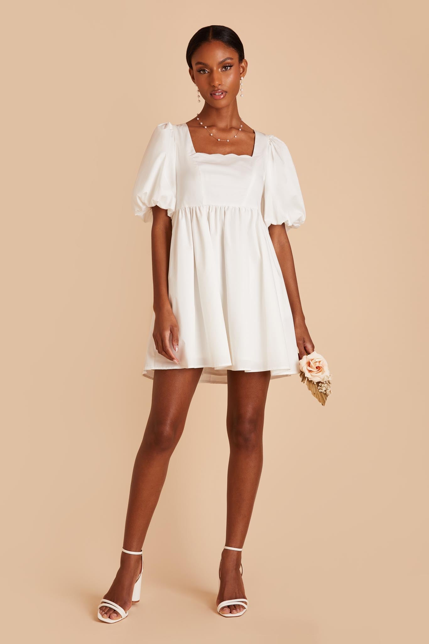 White Mini Dress with Short Balloon Sleeves and Scalloped Neckline by Birdy Grey