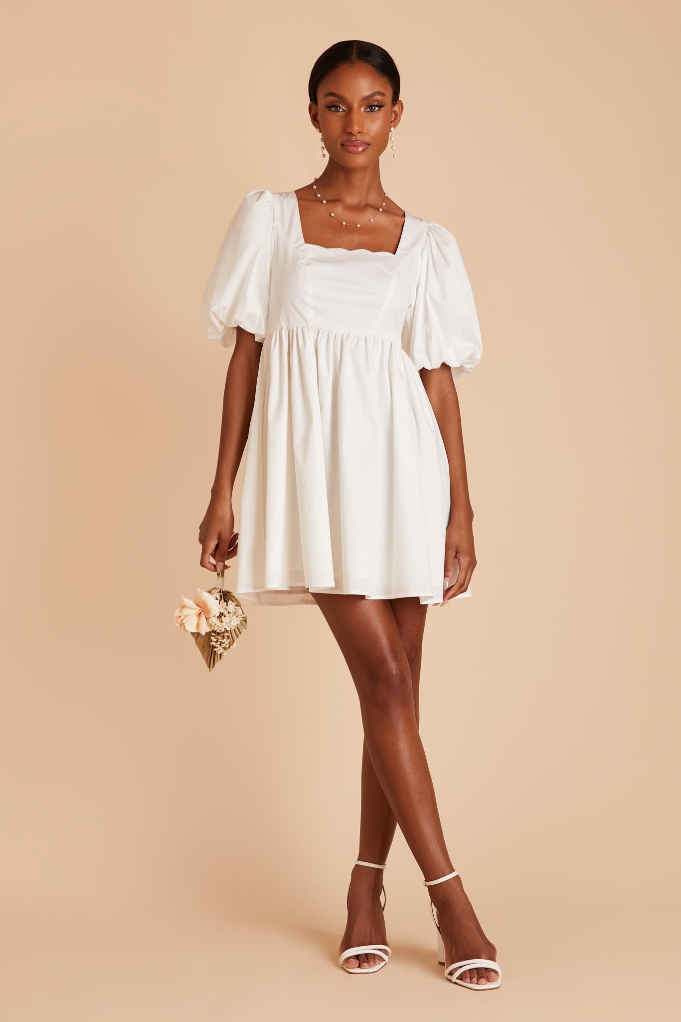 White Mini Dress with Short Balloon Sleeves and Scalloped Neckline by Birdy Grey