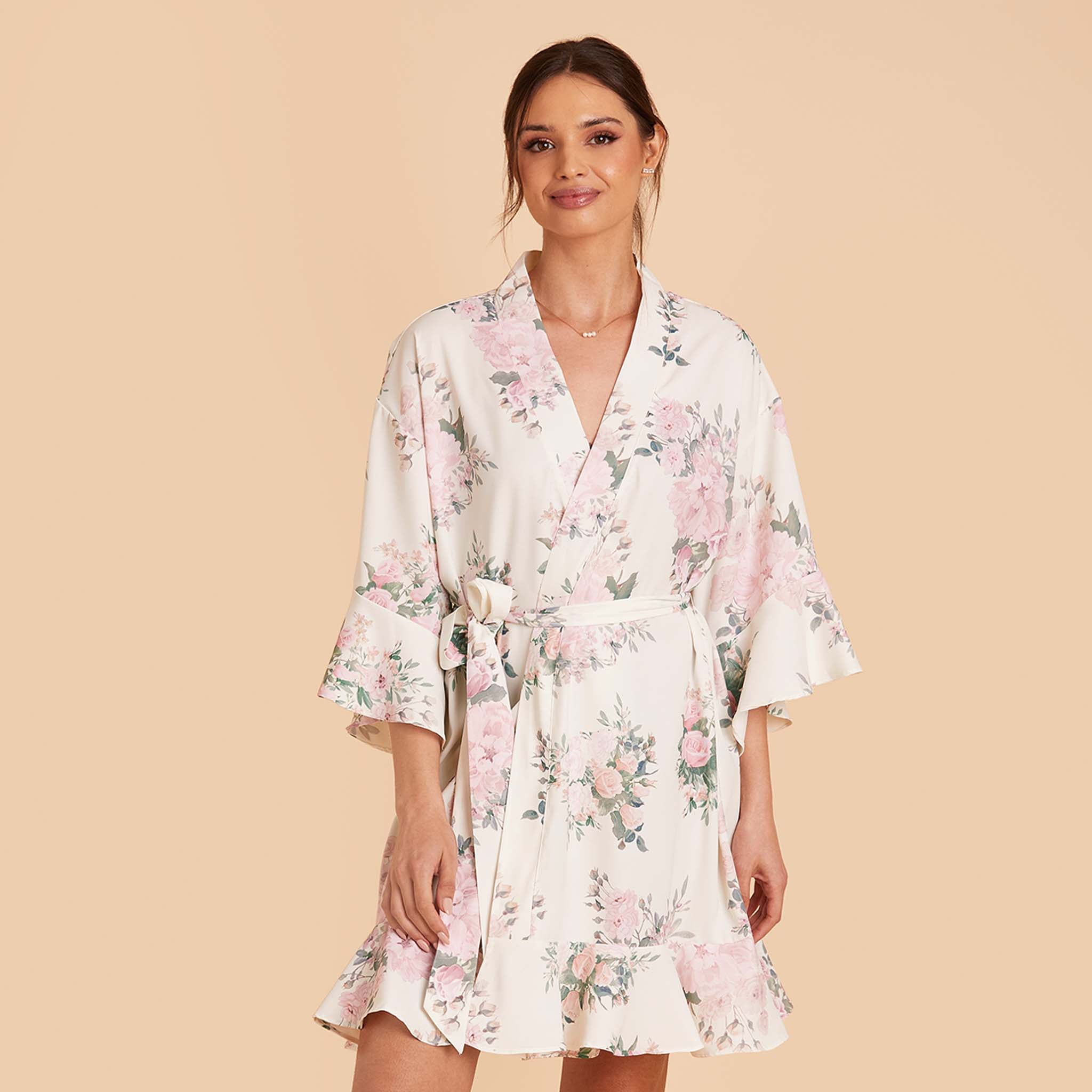 Kenny White Floral Rose Floral Ruffle Robe