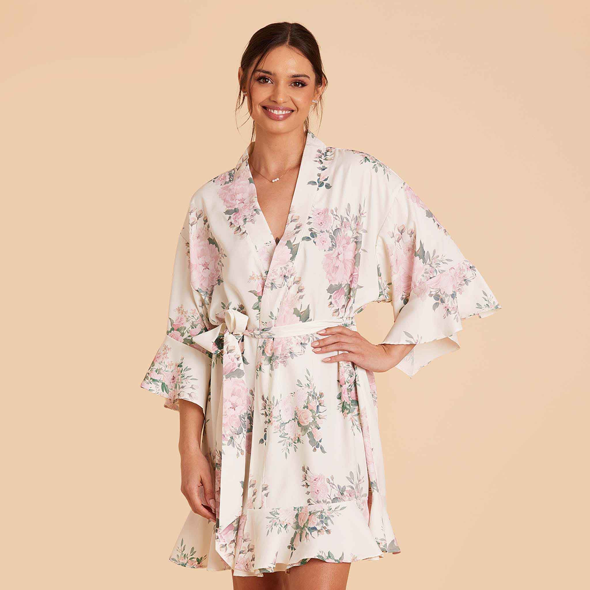 Kenny White Floral Rose Floral Ruffle Robe