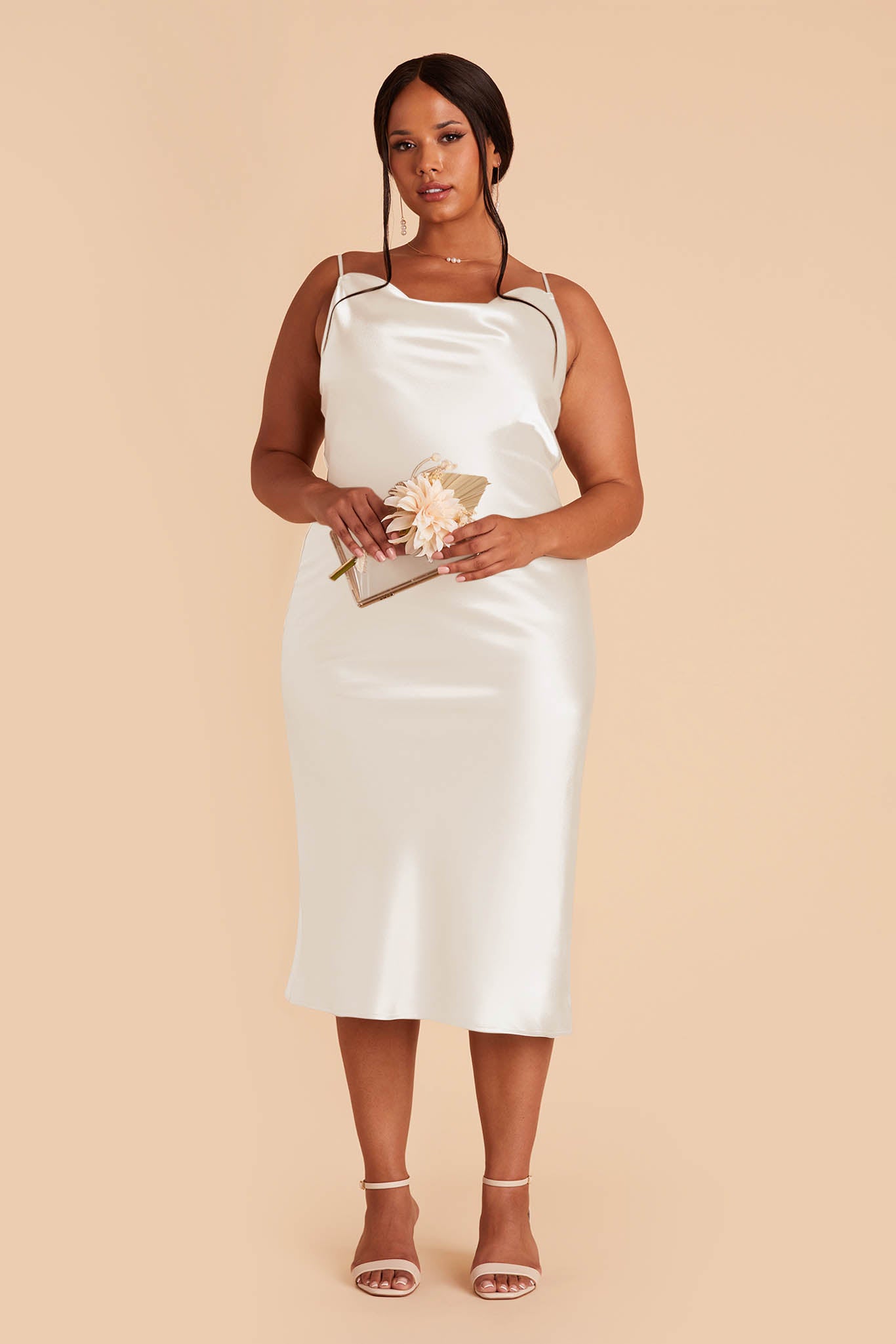 Lisa Shiny Satin Midi Dress - White