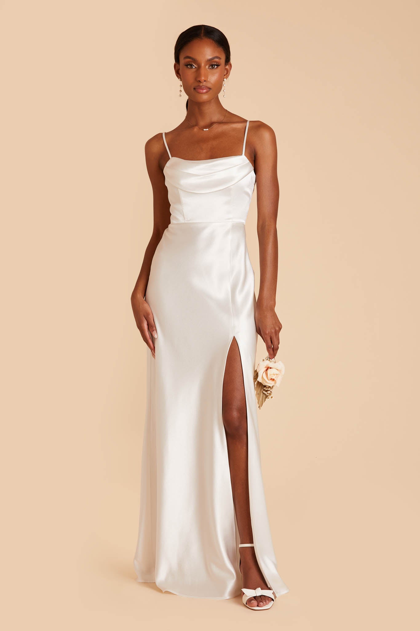 Women's side slit elegant white satin full sleeve wedding gown