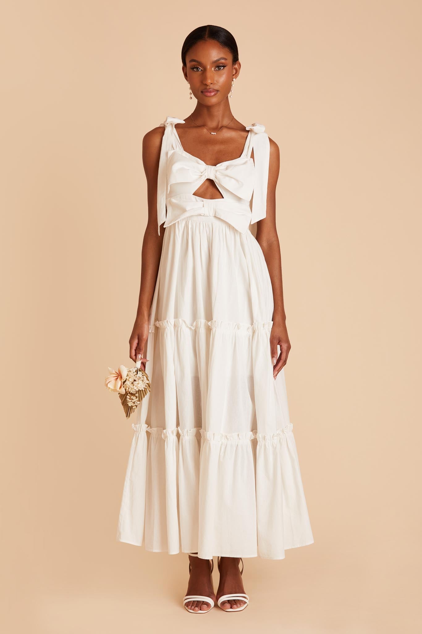 White Tiered Maxi Dress with Bowtie Detail by Birdy Grey