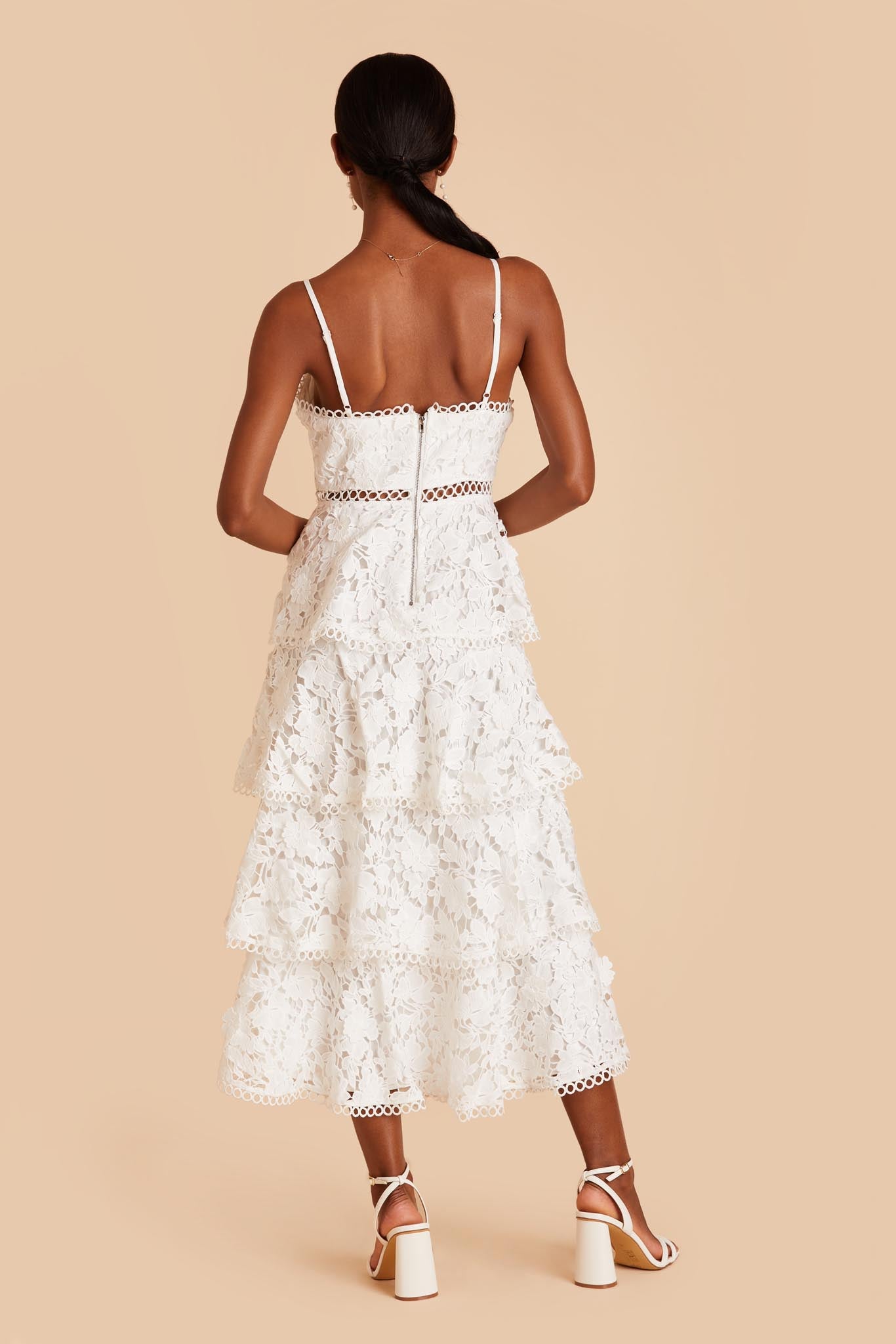 White V-Neck Tiered Lace Dress by Birdy Grey