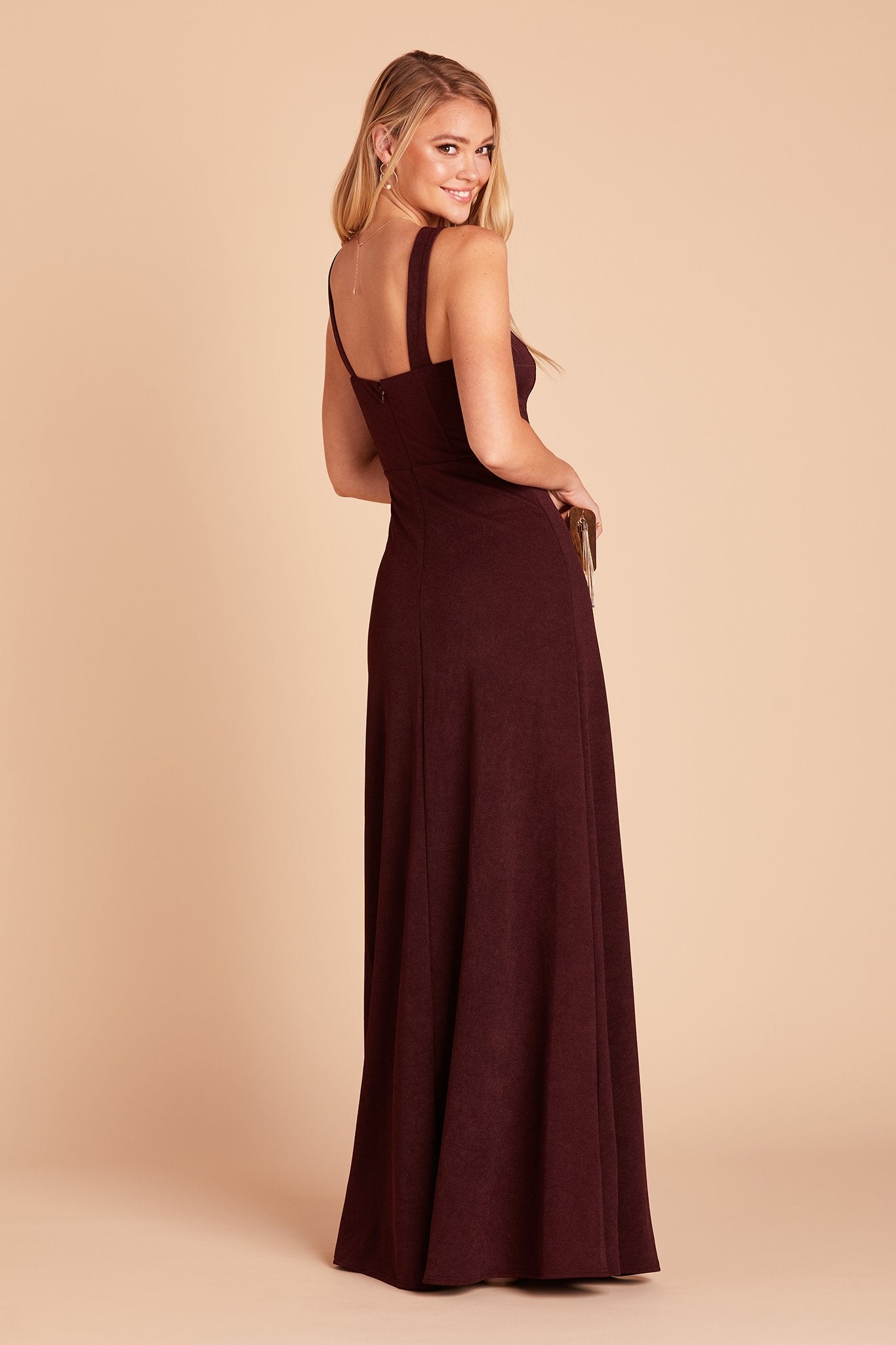 Gene bridesmaid dress with slit in cabernet burgundy crepe by Birdy Grey, side view