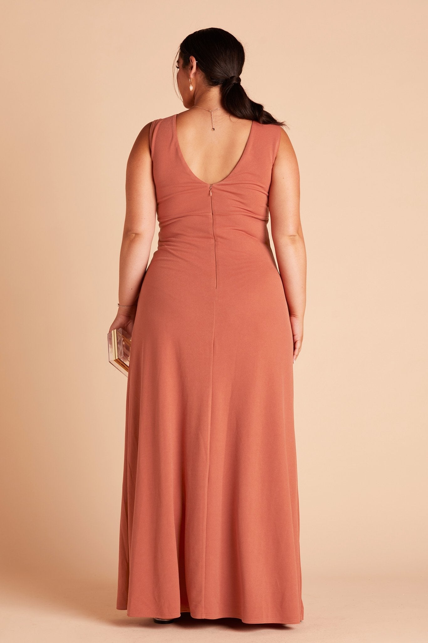 Shamin plus size bridesmaid dress in terracotta crepe by Birdy Grey, back view