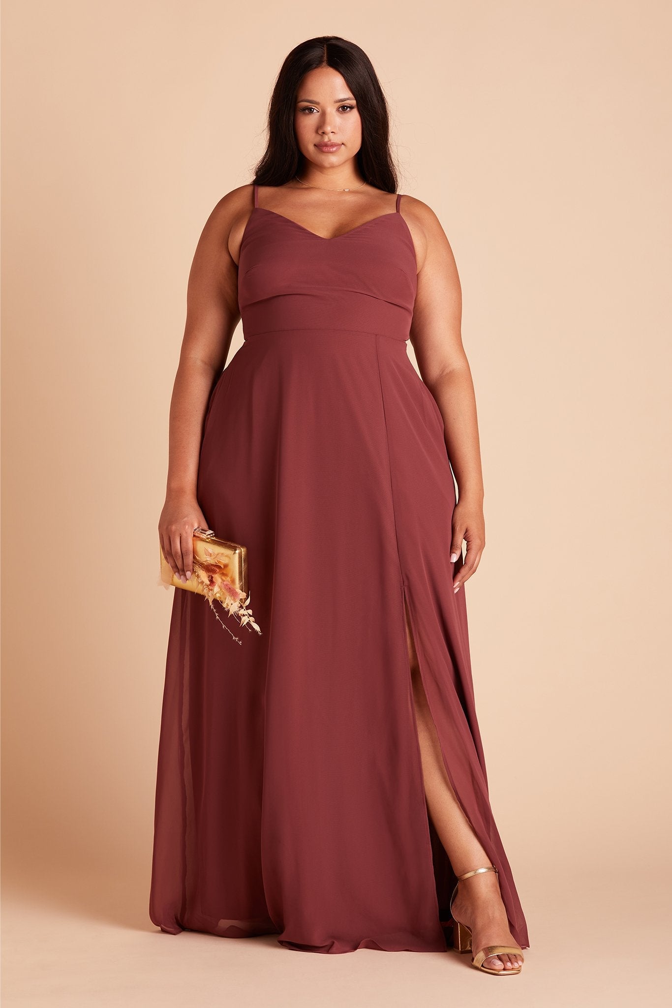 Devin convertible plus size bridesmaids dress with slit in rosewood chiffon by Birdy Grey, front view
