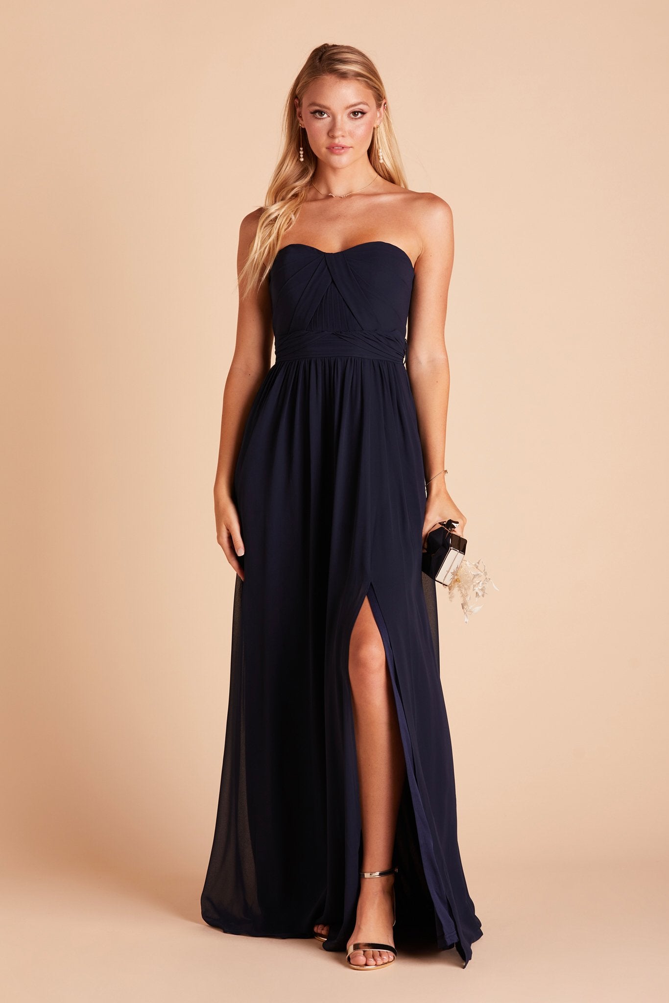 Grace convertible bridesmaid dress with slit in navy blue chiffon by Birdy Grey, front view