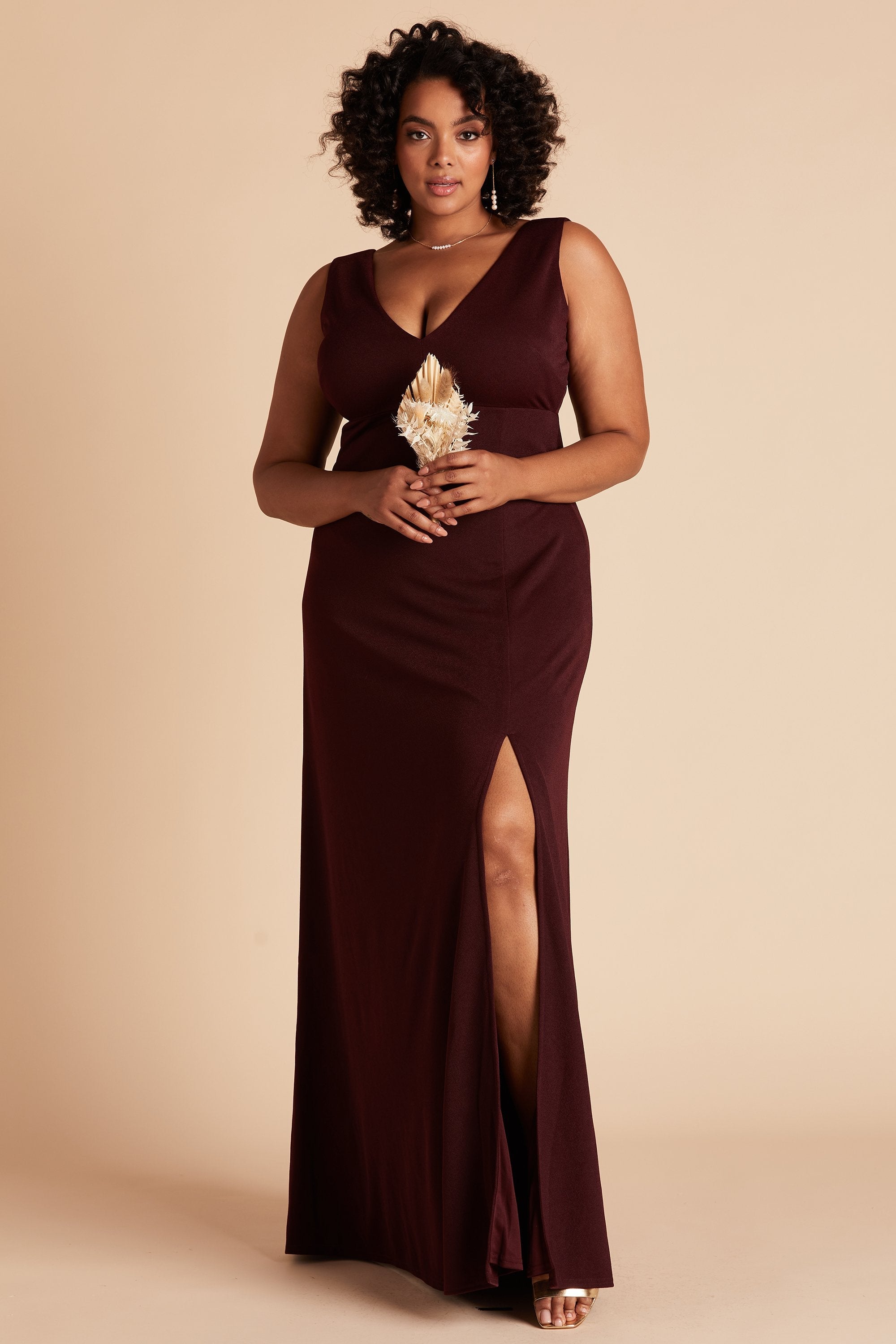 Shamin plus size bridesmaid dress with slit in cabernet burgundy crepe by Birdy Grey, front view