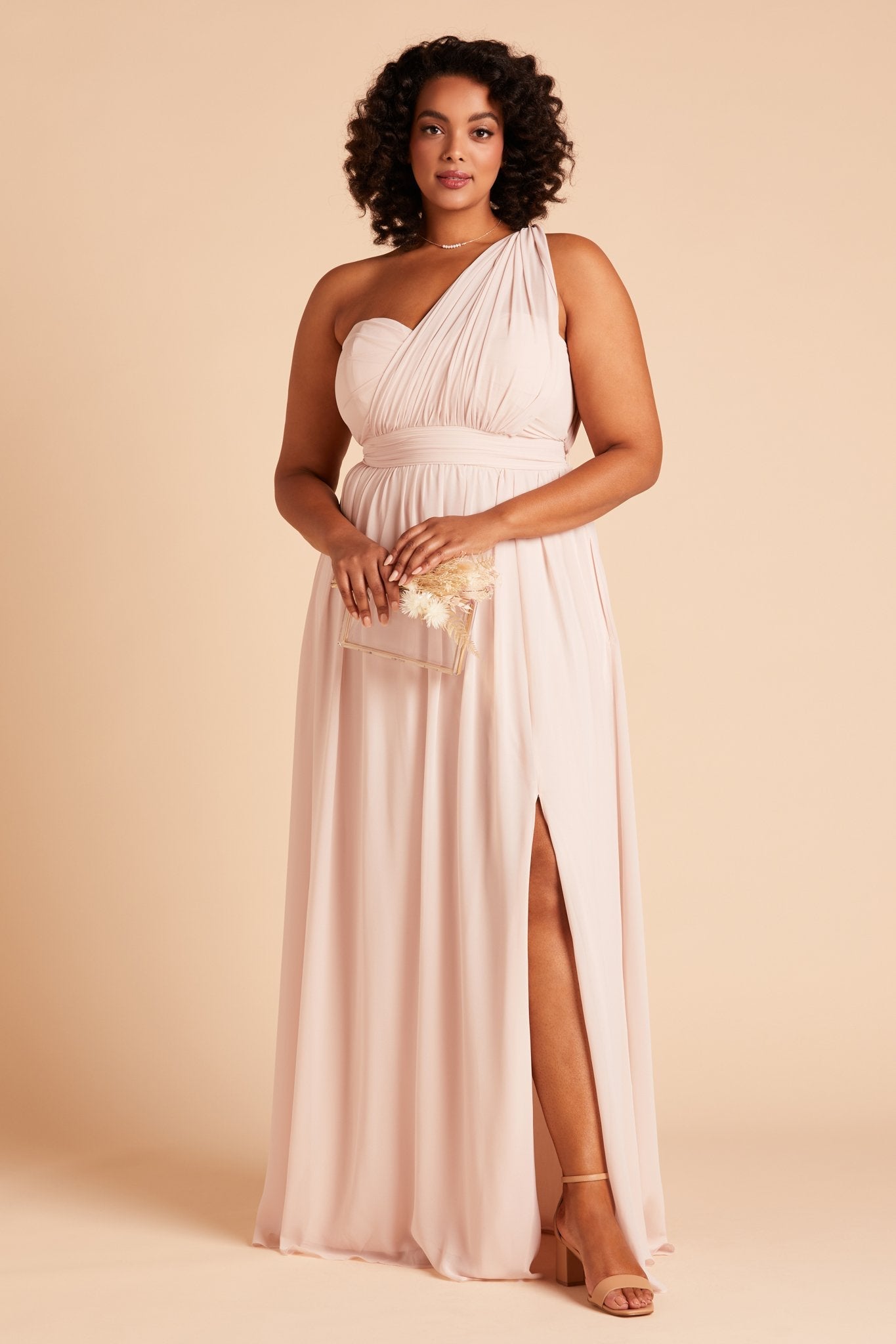 Grace convertible plus size bridesmaid dress in pale blush pink chiffon by Birdy Grey, front view