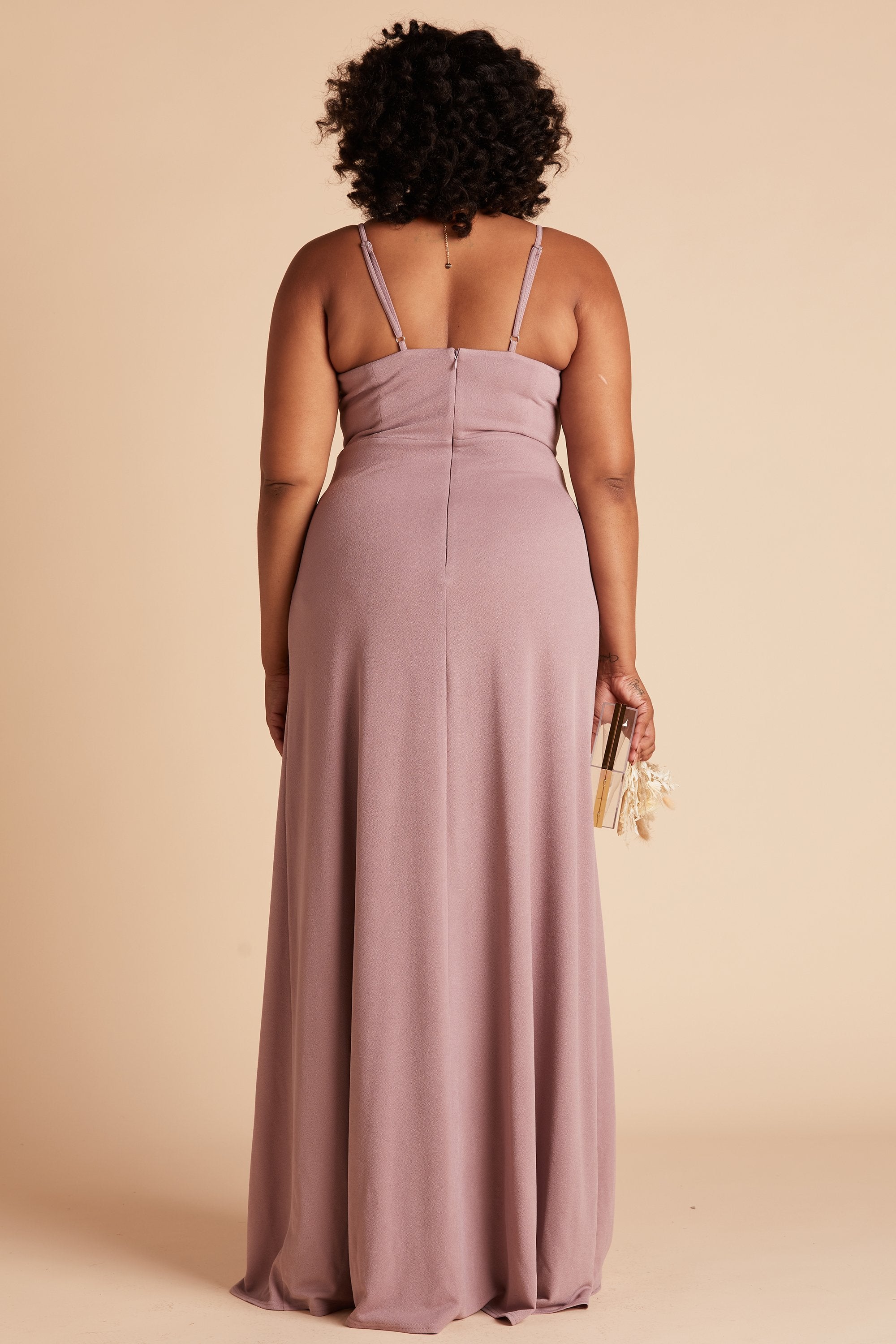 Ash plus size bridesmaid dress in dark mauve crepe by Birdy Grey, back view