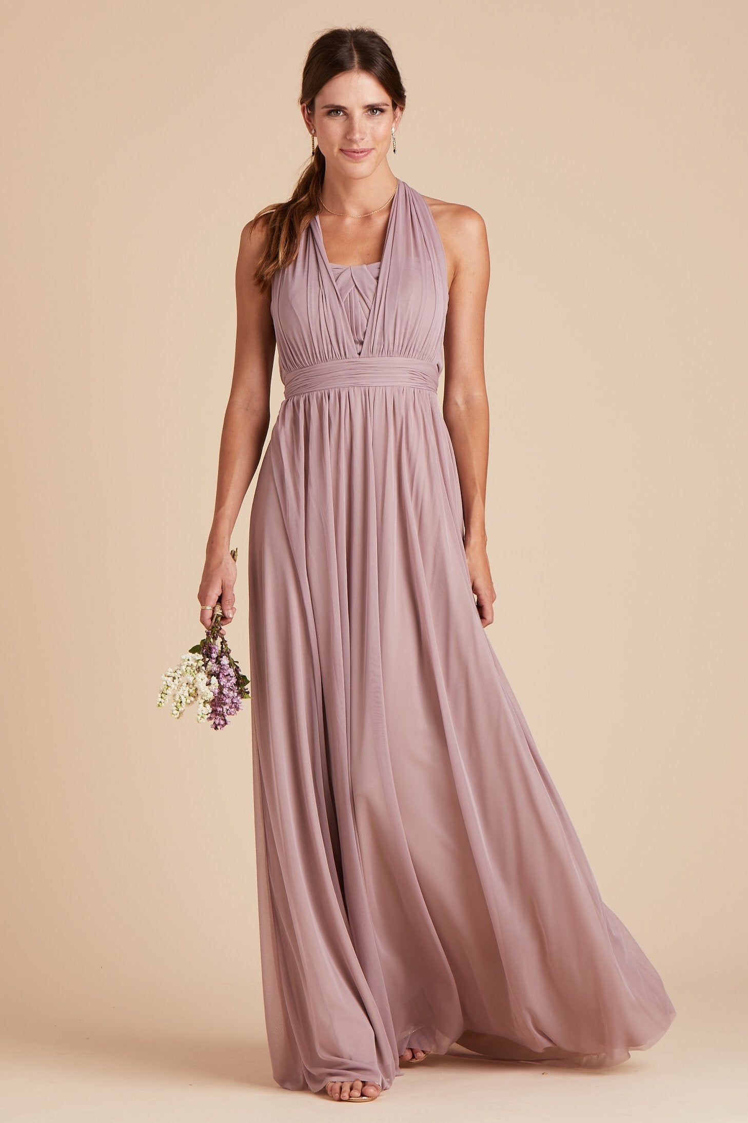 Chicky convertible bridesmaid dress in mauve purple mesh by Birdy Grey, front view