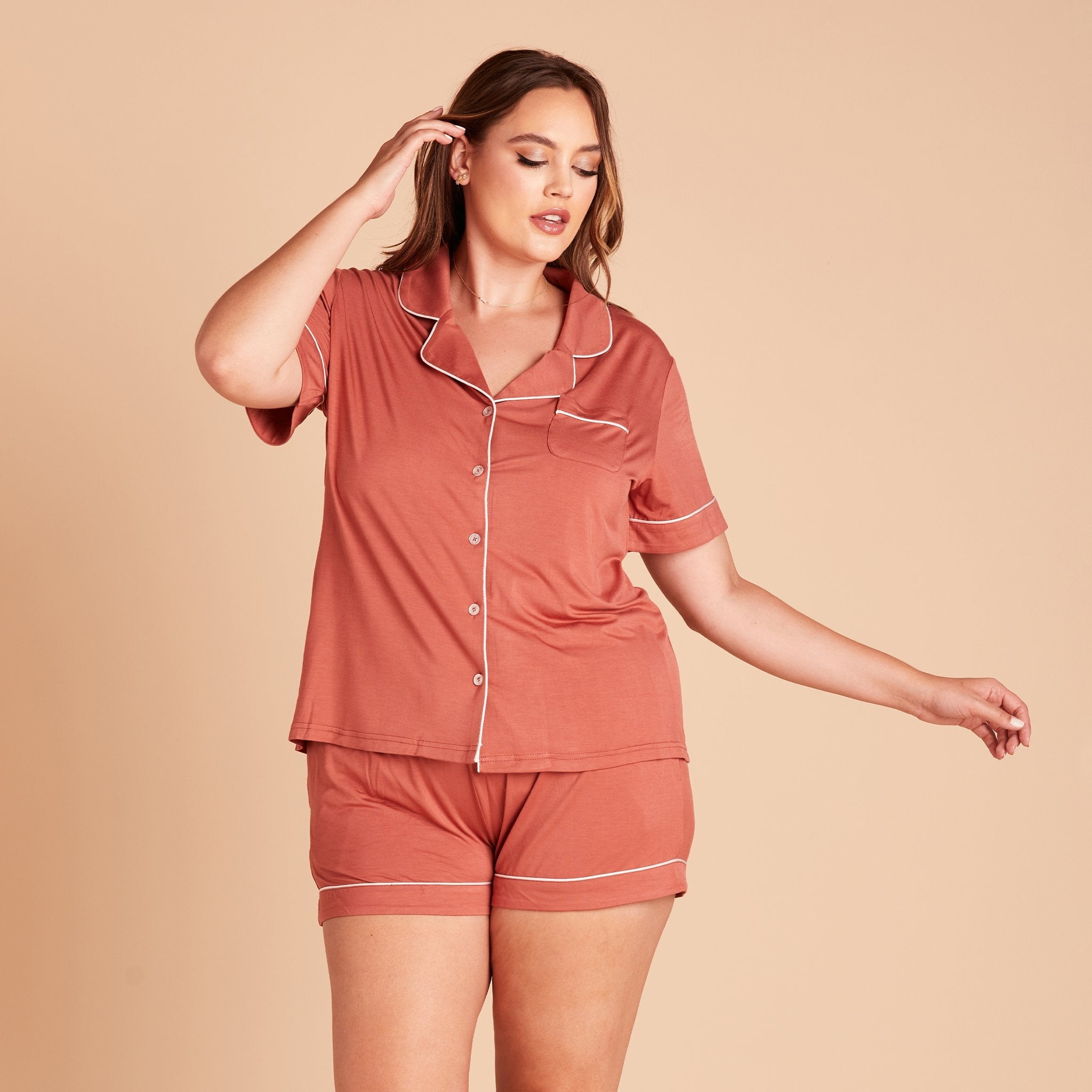 Jonny plus size Short Sleeve Pajama Set in terracotta with white pipetting by Birdy Grey, front view