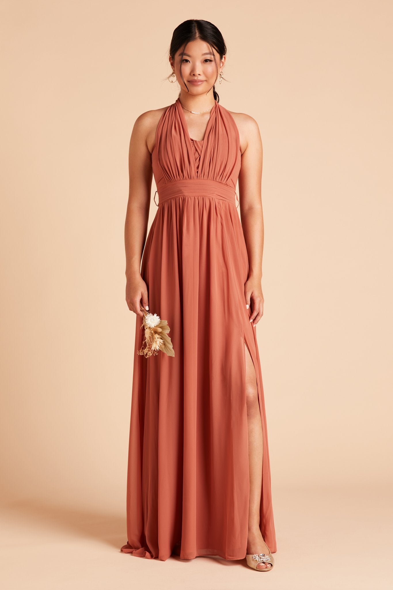 Grace convertible bridesmaid dress with slit in terracotta orange chiffon by Birdy Grey, front view