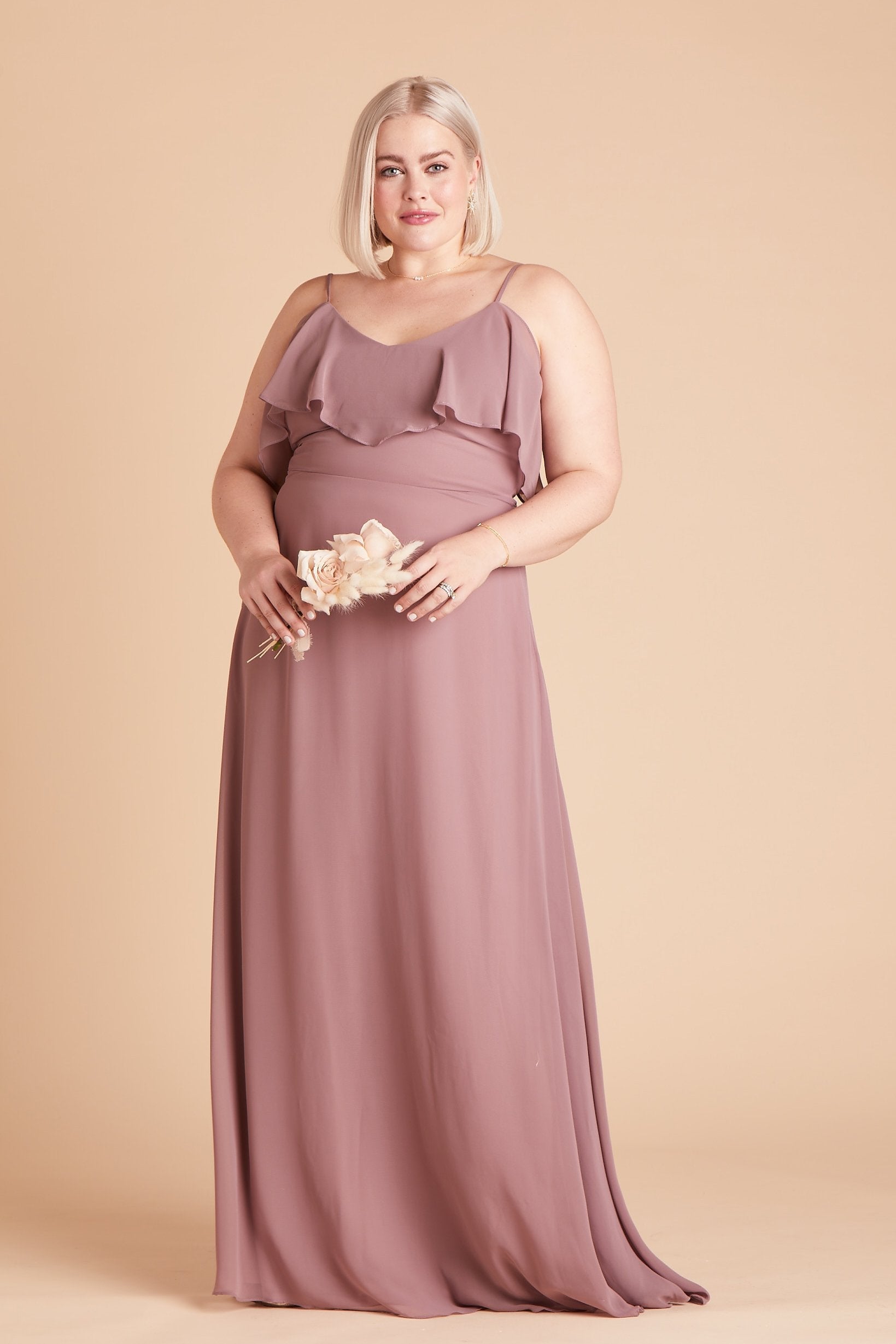 Jane convertible plus size bridesmaid dress in dark mauve chiffon by Birdy Grey, front view