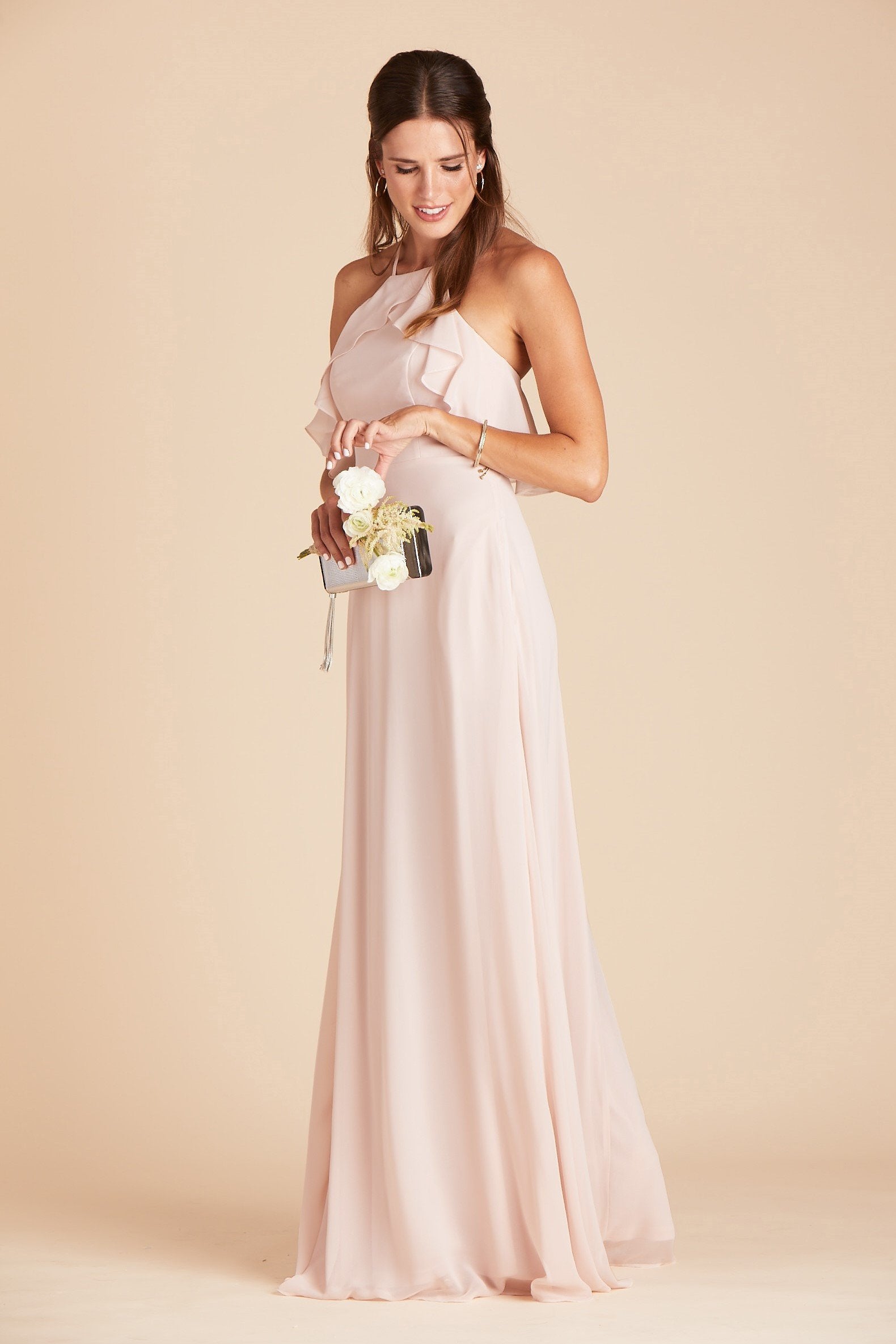 Jules bridesmaid dress in pale blush chiffon by Birdy Grey, side view