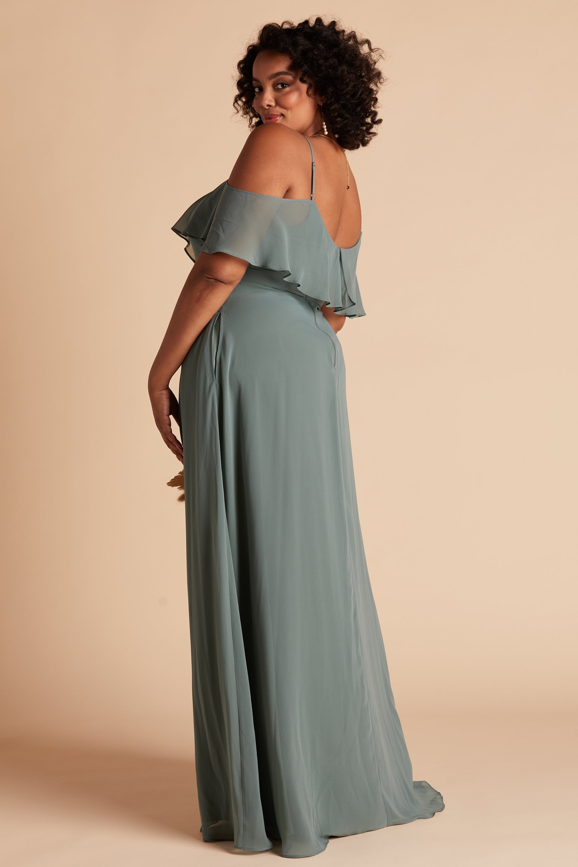 Jane convertible plus size bridesmaid dress in sea glass green chiffon by Birdy Grey, side view