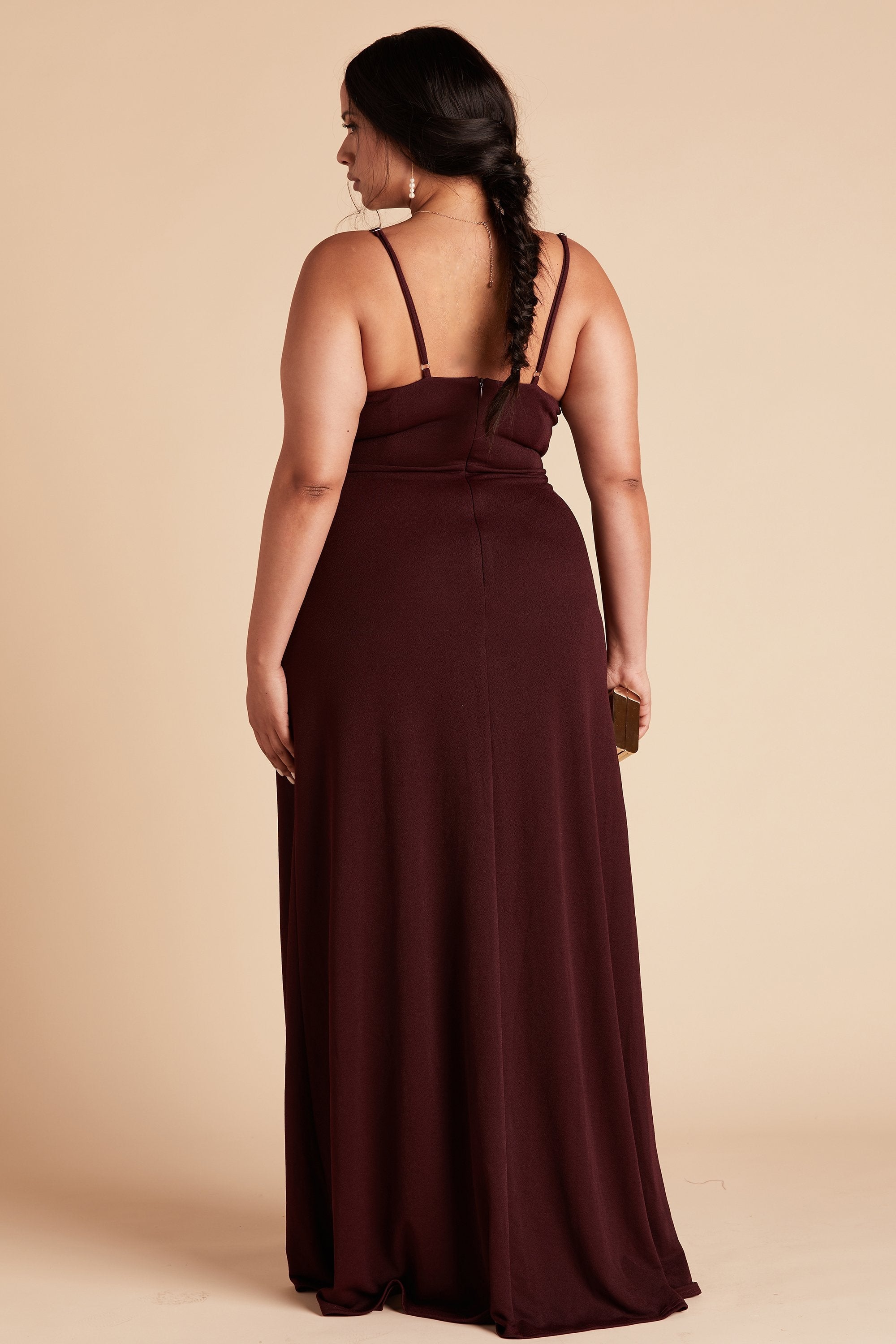 Ash plus size bridesmaid dress in cabernet burgundy crepe by Birdy Grey, back view