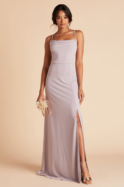 Ash bridesmaid dress with slit in lilac purple crepe by Birdy Grey, front view