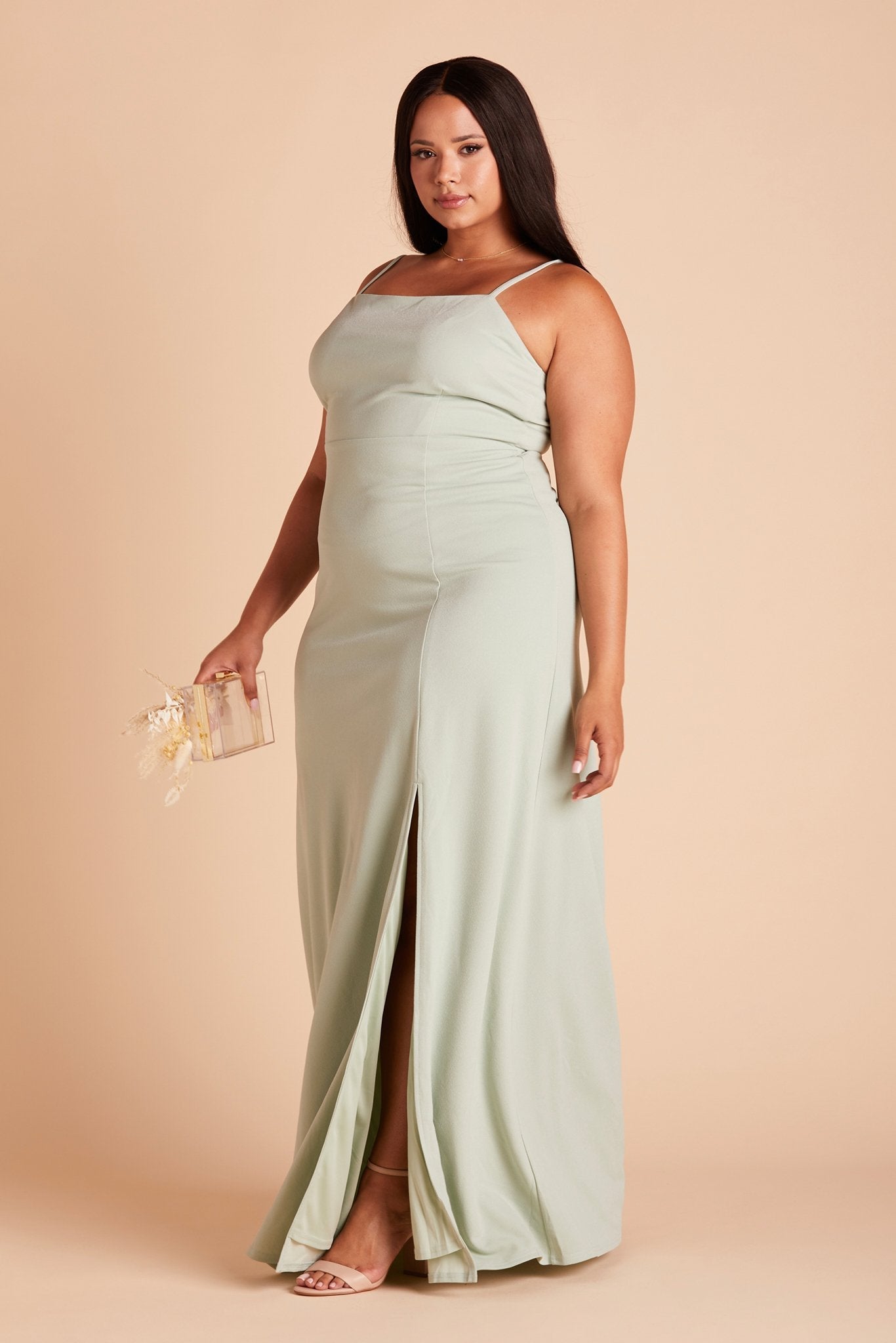 Benny plus size bridesmaid dress in sage green crepe by Birdy Grey, side view