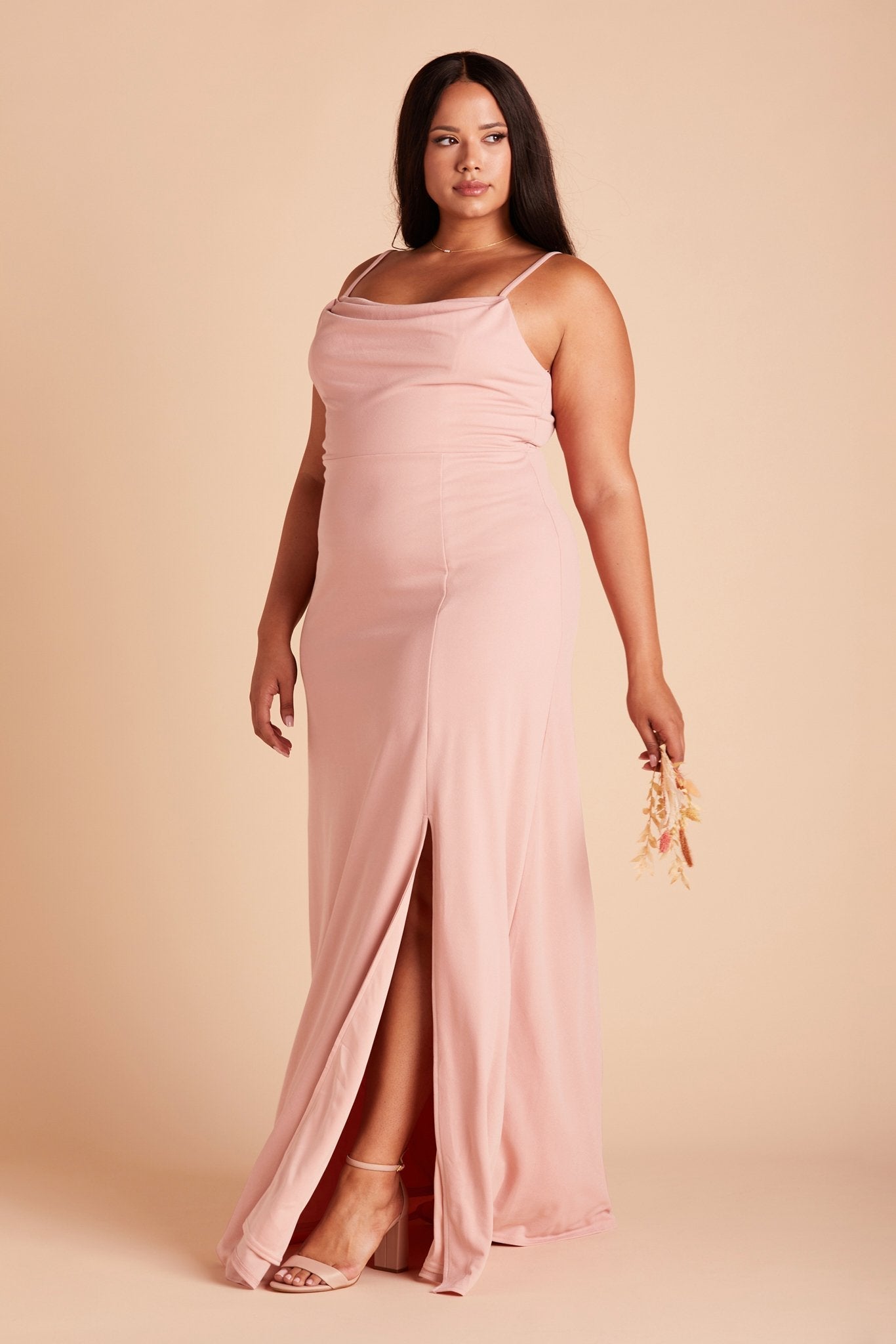 Side view of the floor-length Ash Plus Size Bridesmaid Dress in dusty rose crepe paired with the Alby Low Chunky Heel in blush.