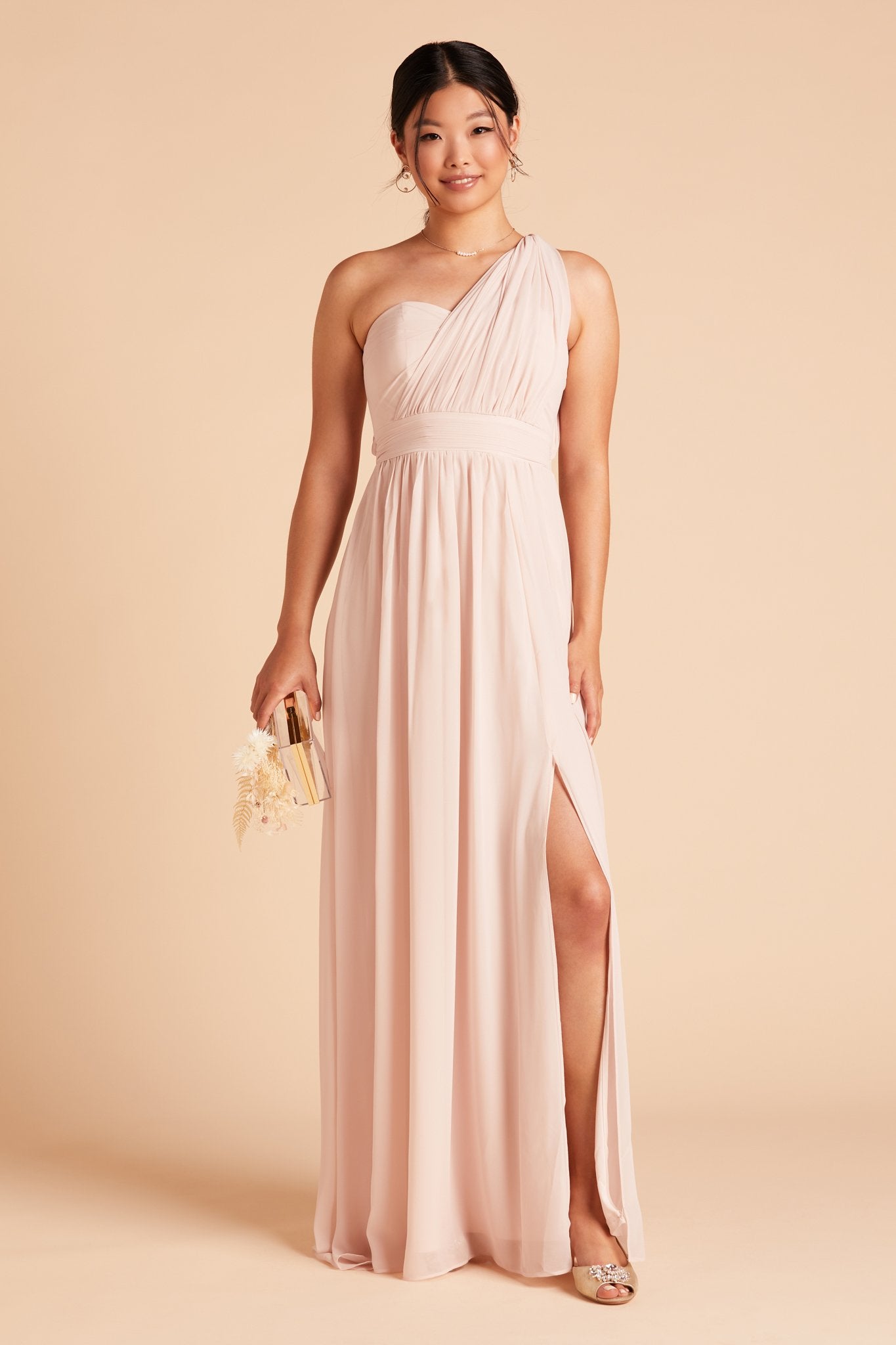 Grace convertible bridesmaid dress in pale blush pink chiffon by Birdy Grey, front view