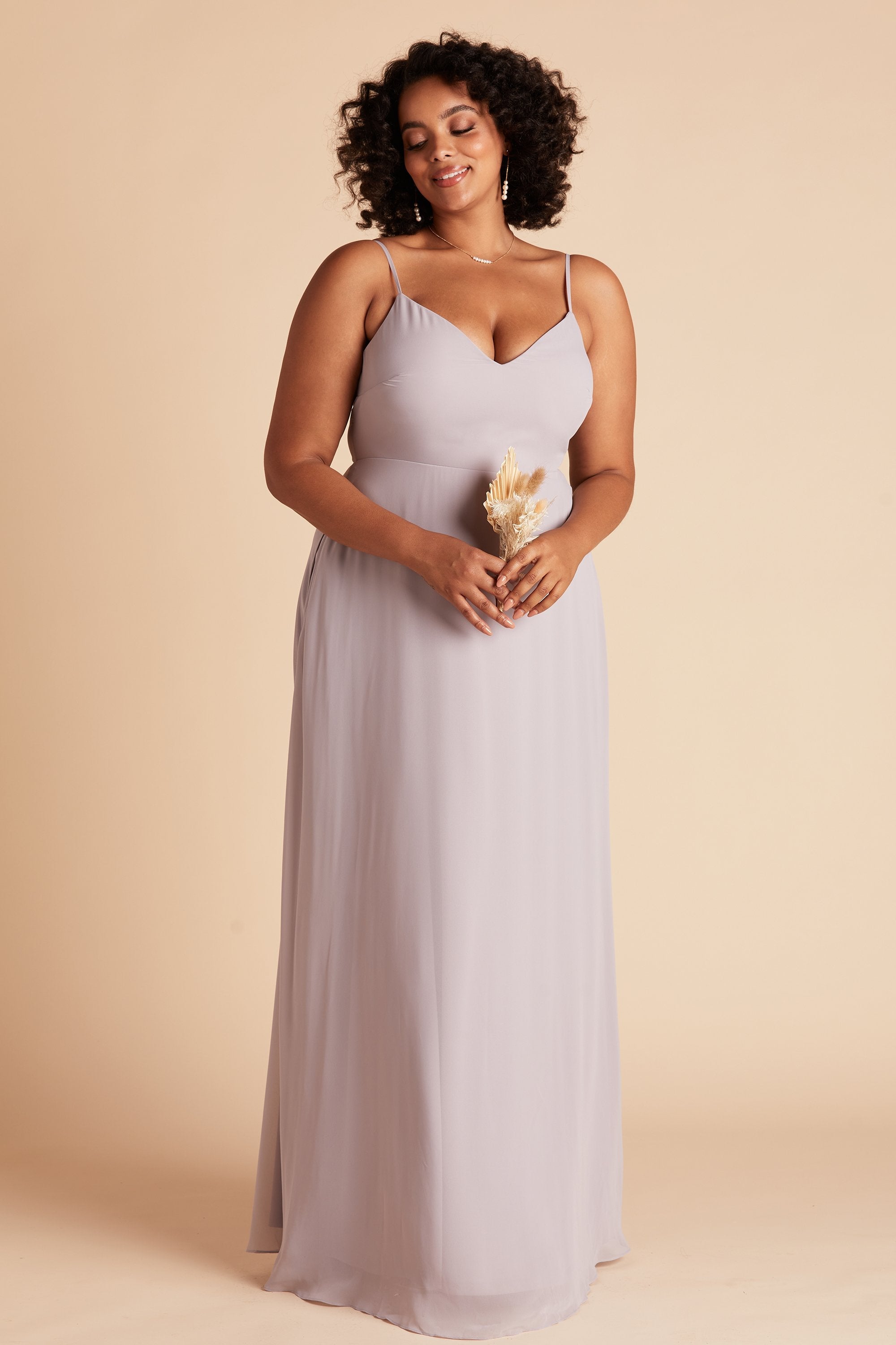 Devin convertible plus size bridesmaids dress in lilac purple chiffon by Birdy Grey, front view