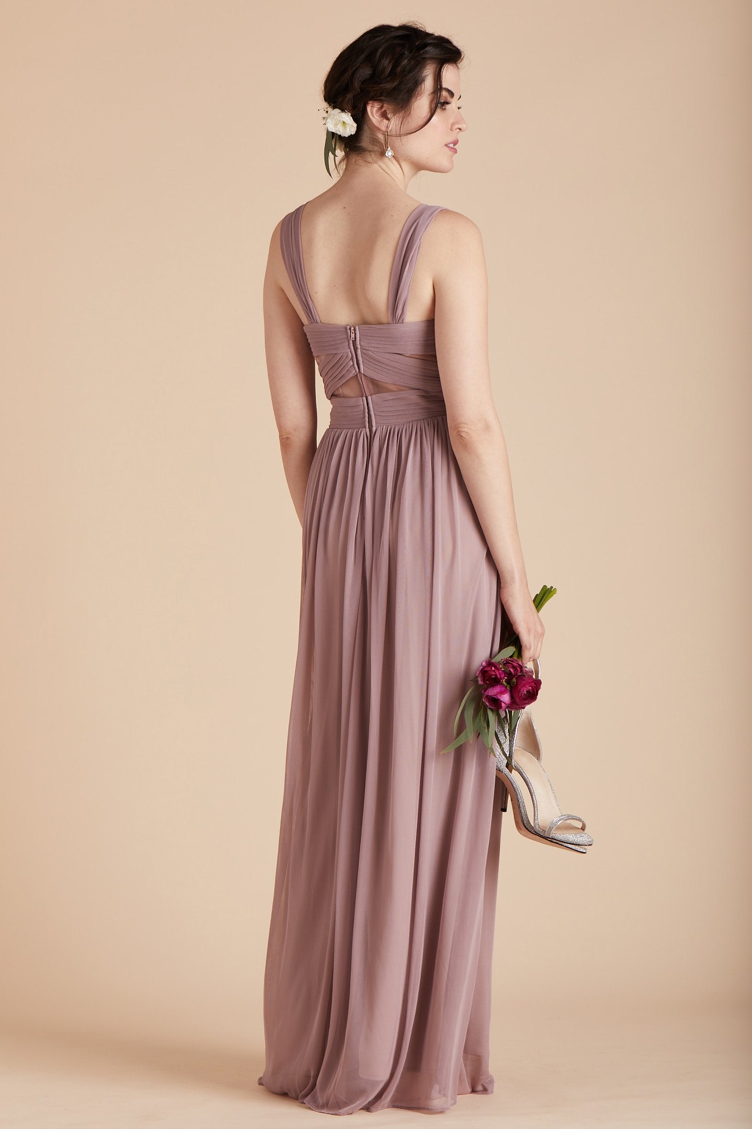 Elsye bridesmaid dress in mauve pink chiffon by Birdy Grey, back view