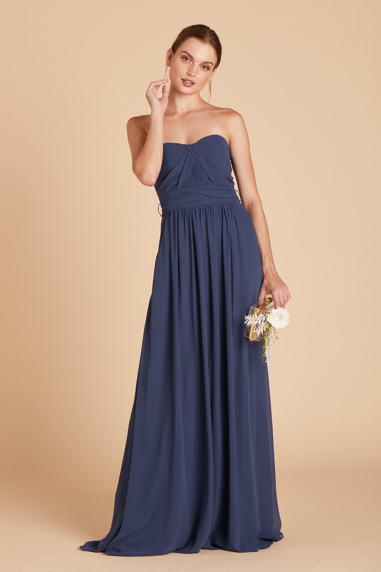Grace convertible bridesmaid dress in slate blue chiffon by Birdy Grey, front view