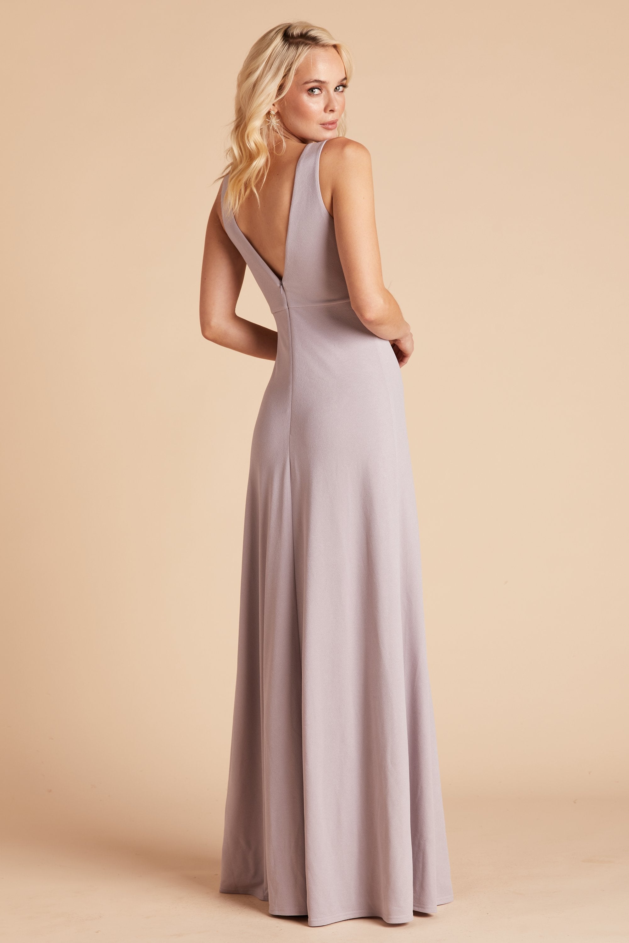 Shamin bridesmaid dress with slit in lilac purple crepe by Birdy Grey, side view