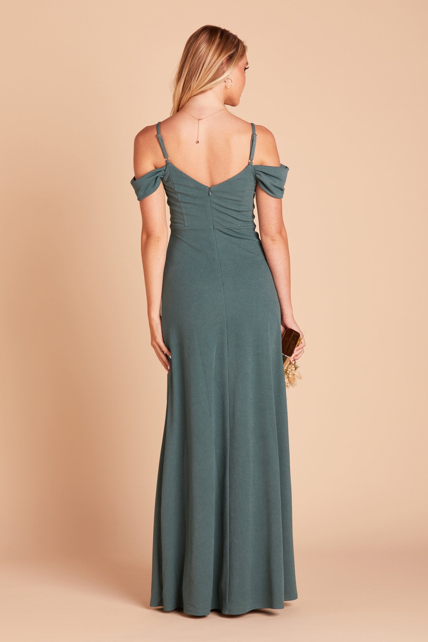 Dev bridesmaid dress with slit in sea glass green crepe by Birdy Grey, back view