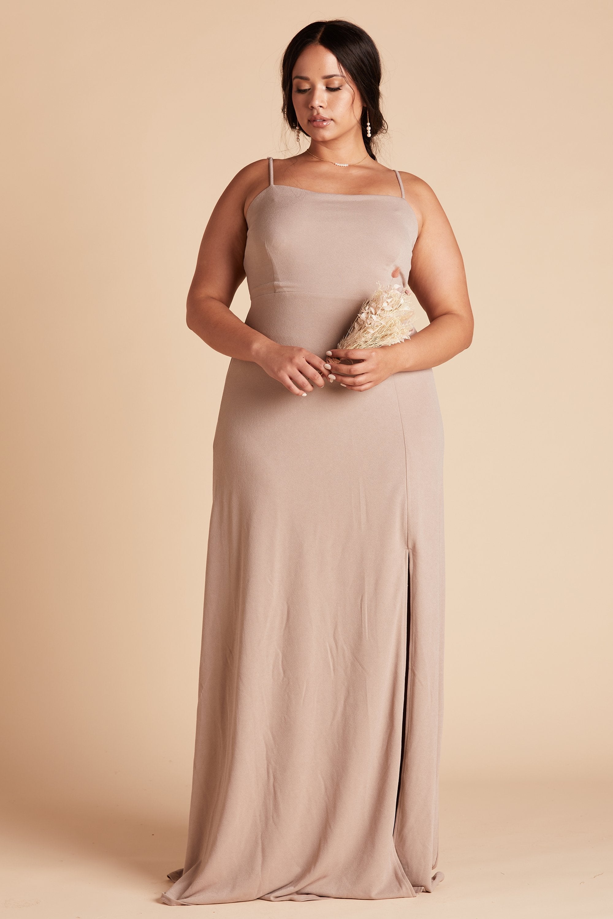 Benny plus size bridesmaid dress with slit in taupe crepe by Birdy Grey, front view