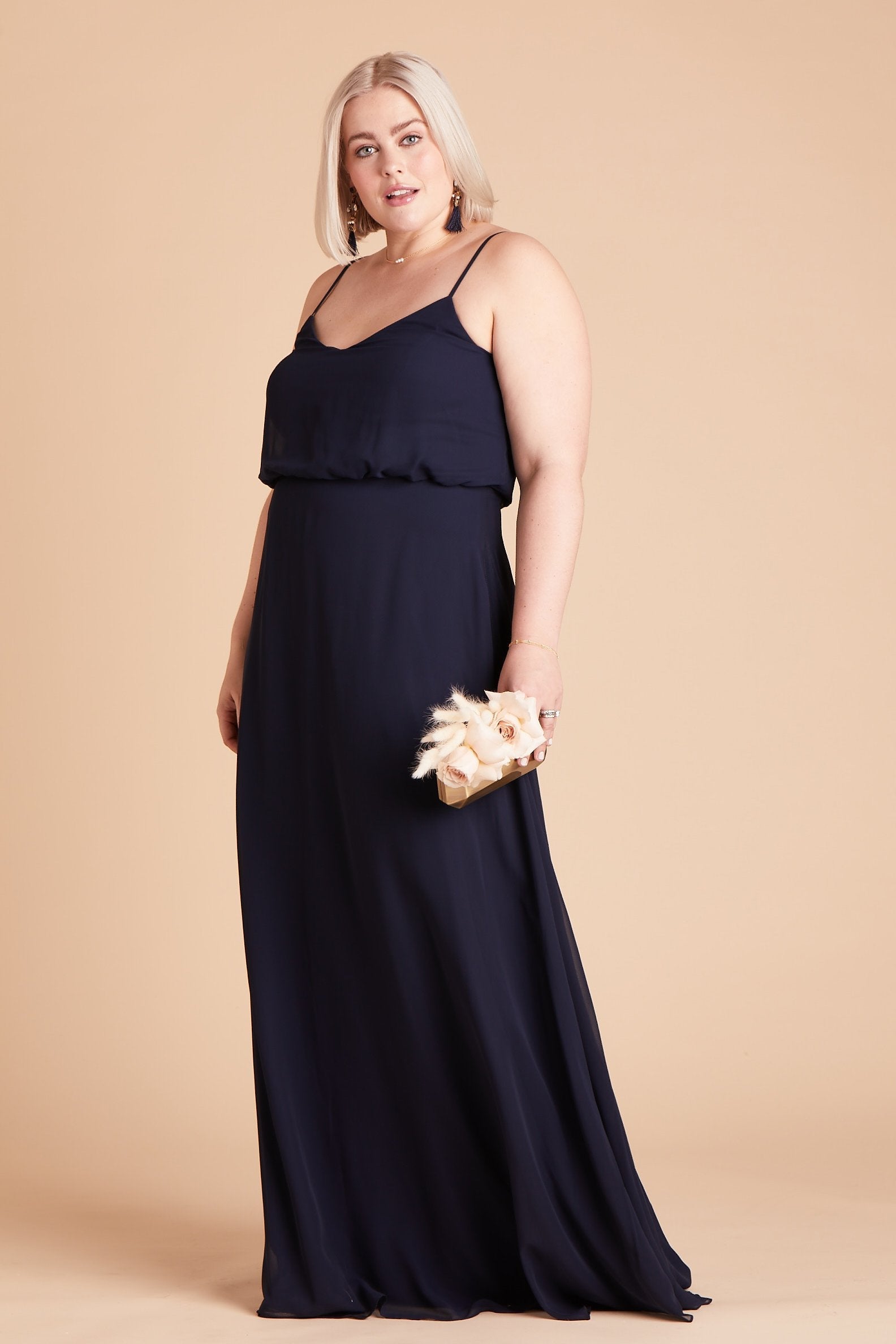 Gwennie plus size bridesmaid dress in navy blue chiffon by Birdy Grey, side view