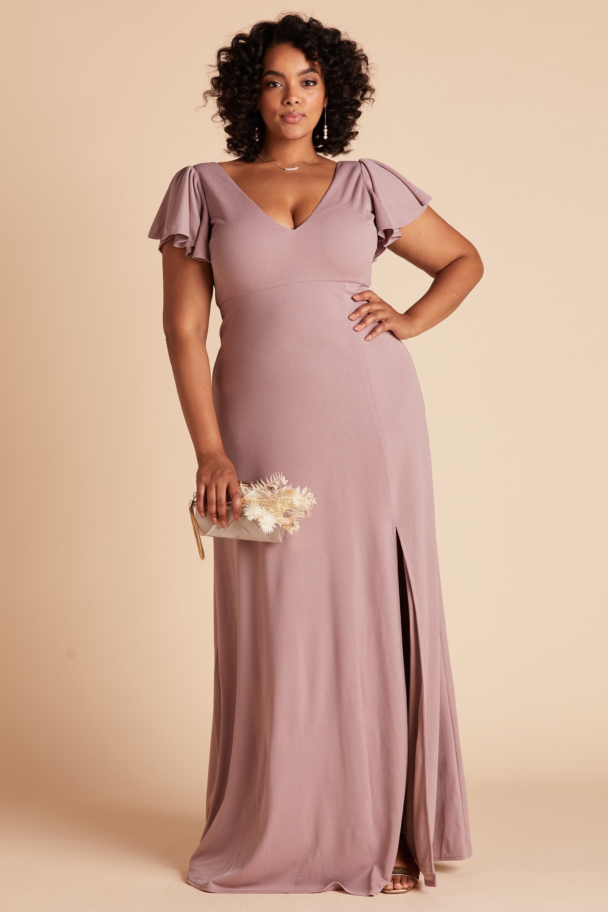 Hannah plus size bridesmaid dress with slit in dark mauve crepe by Birdy Grey, front view
