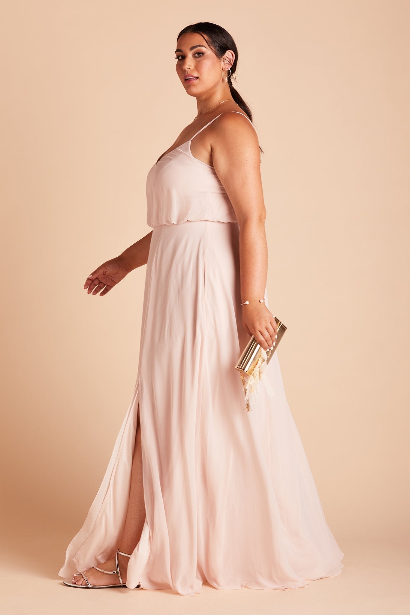 Gwennie plus size bridesmaid dress with slit in pale blush chiffon by Birdy Grey, side view