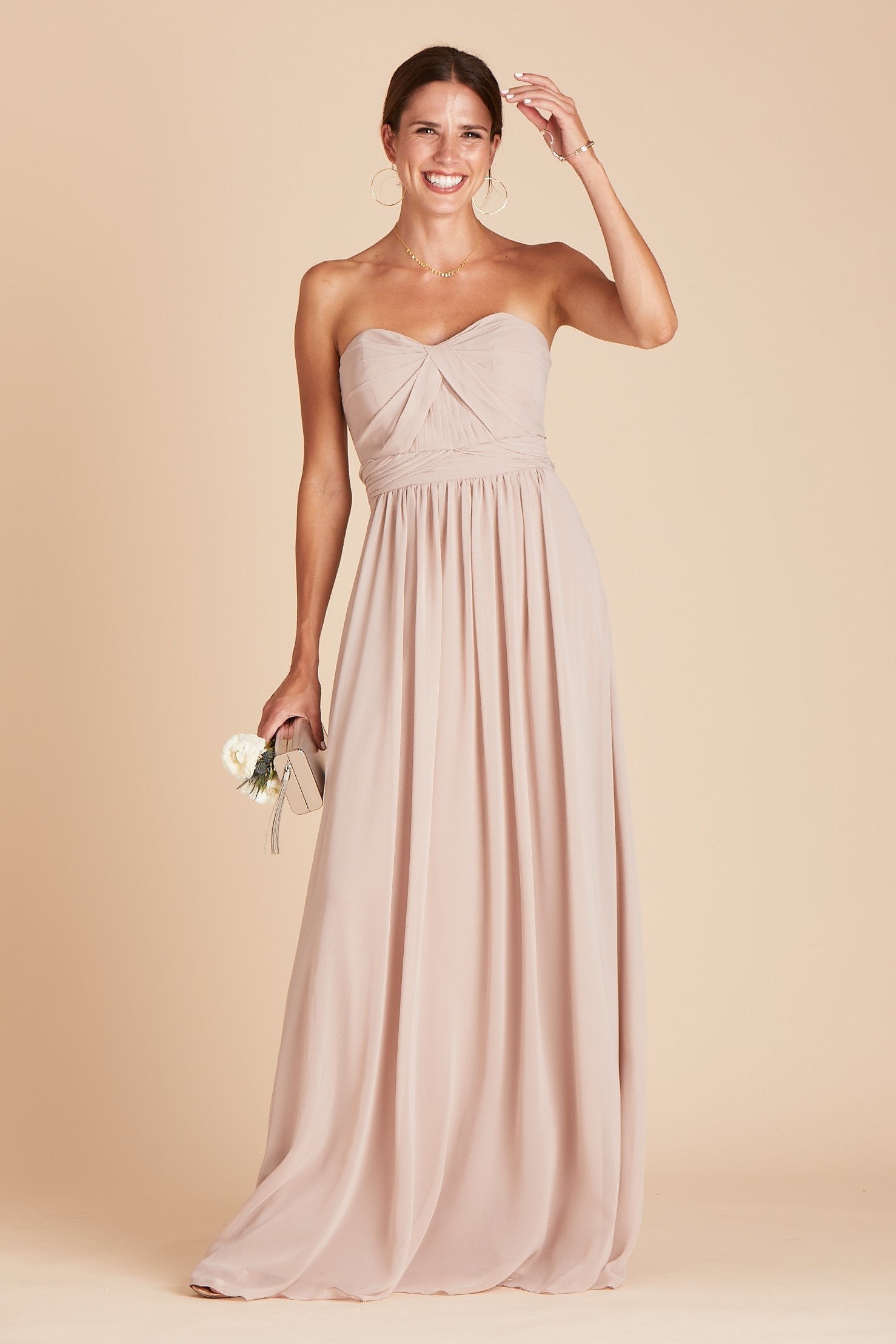 Front view of the Grace Convertible Dress in taupe chiffon worn by a slender model with a light skin tone. 