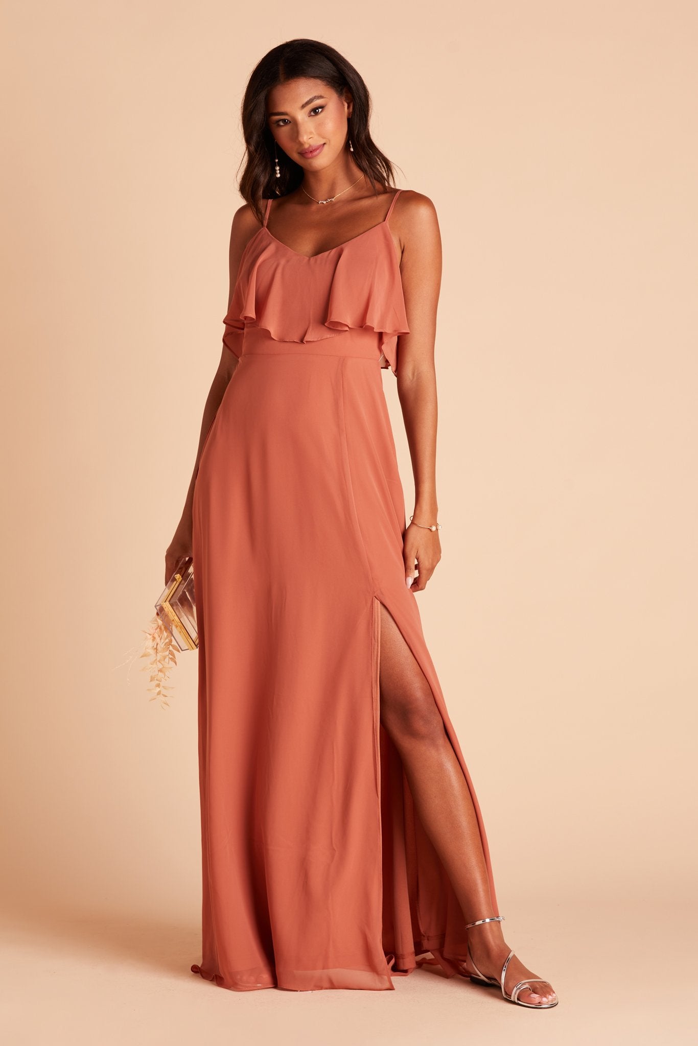 Jane convertible bridesmaid dress with slit in terracotta orange chiffon by Birdy Grey, front view