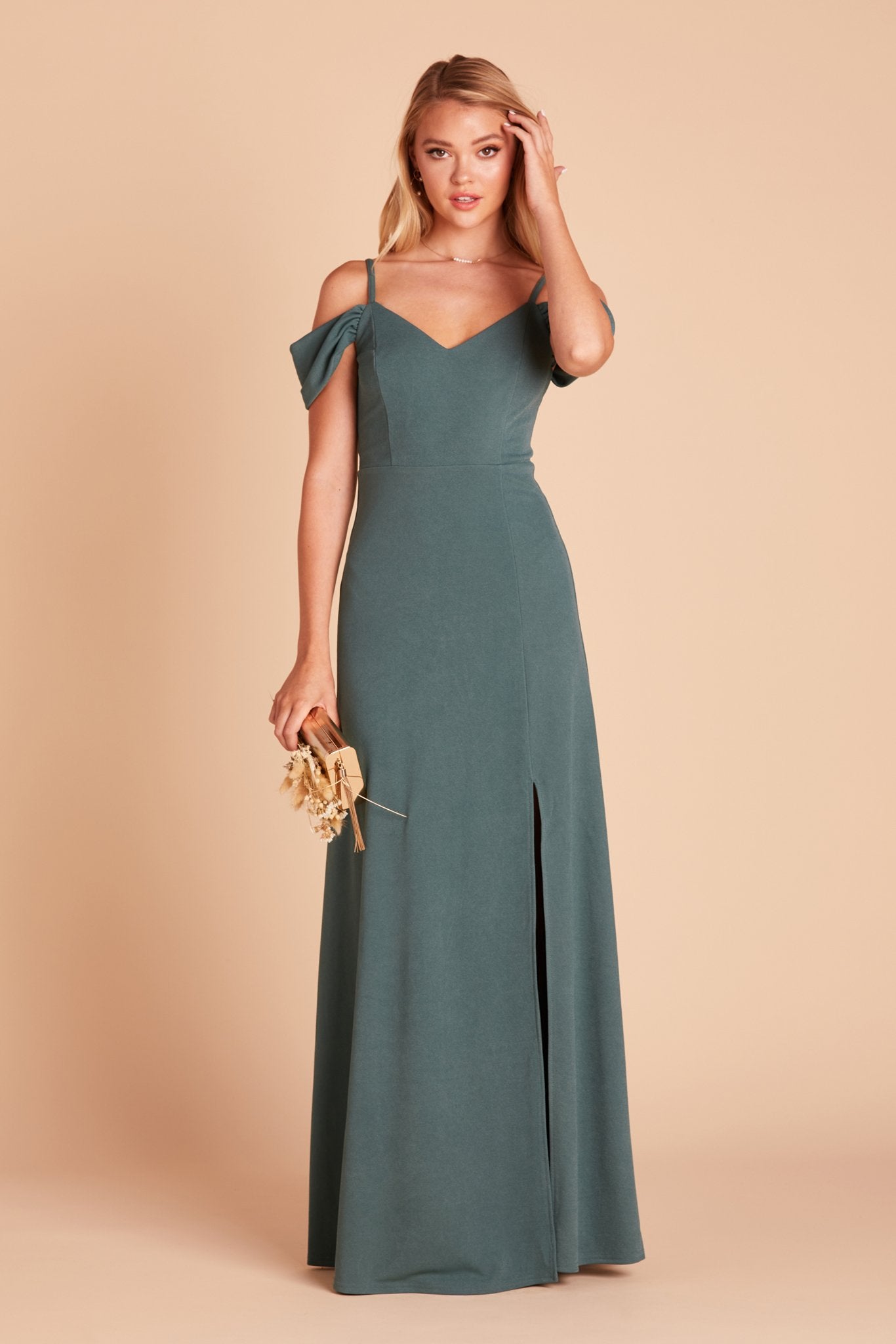 Dev bridesmaid dress with slit in sea glass green crepe by Birdy Grey, front view