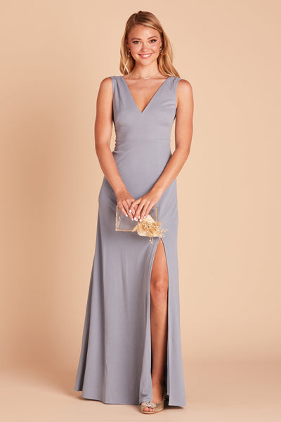 Shamin bridesmaid dress with slit in dusty blue crepe by Birdy Grey, front view