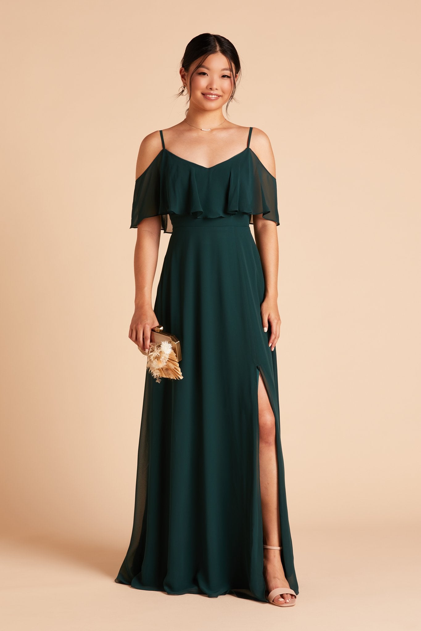 Jane convertible bridesmaid dress with slit in emerald green chiffon by Birdy Grey, front view