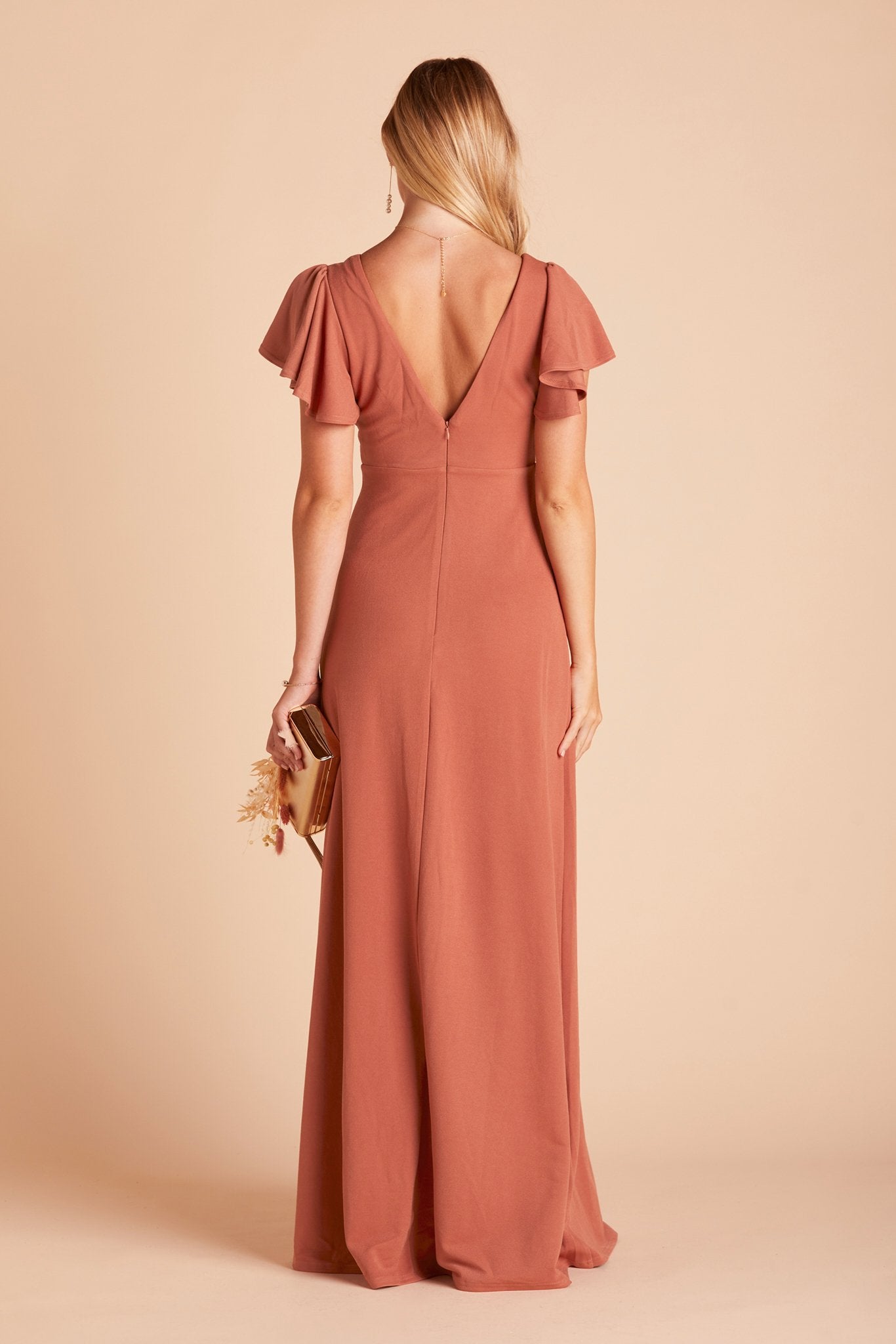 Hannah bridesmaid dress with slit in terracotta crepe by Birdy Grey, back view