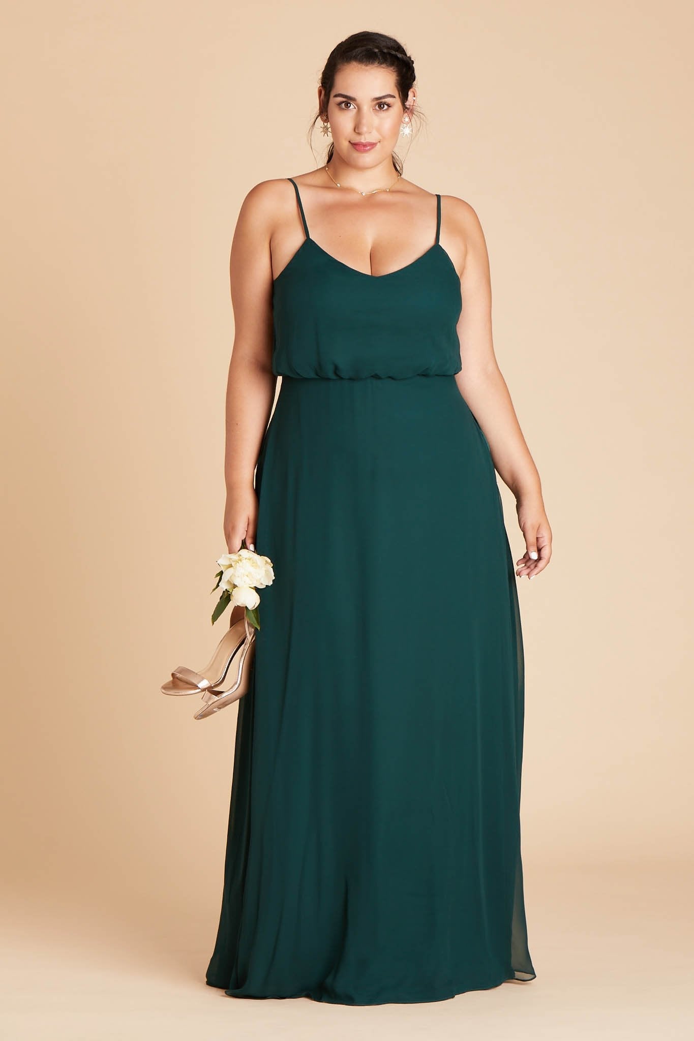 Gwennie plus size bridesmaid dress in emerald green chiffon by Birdy Grey, front view