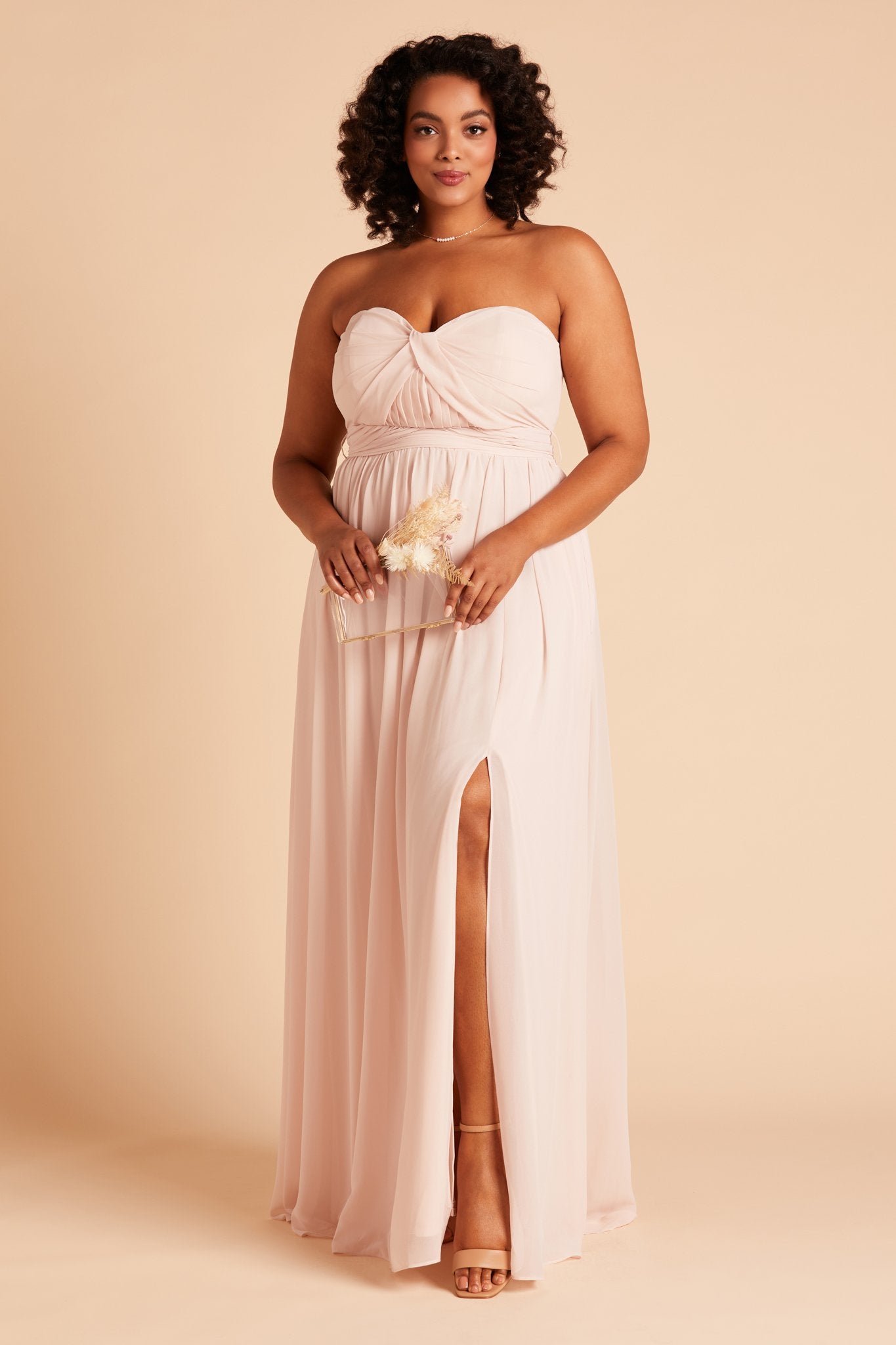 Grace convertible plus size bridesmaid dress in pale blush pink chiffon by Birdy Grey, front view