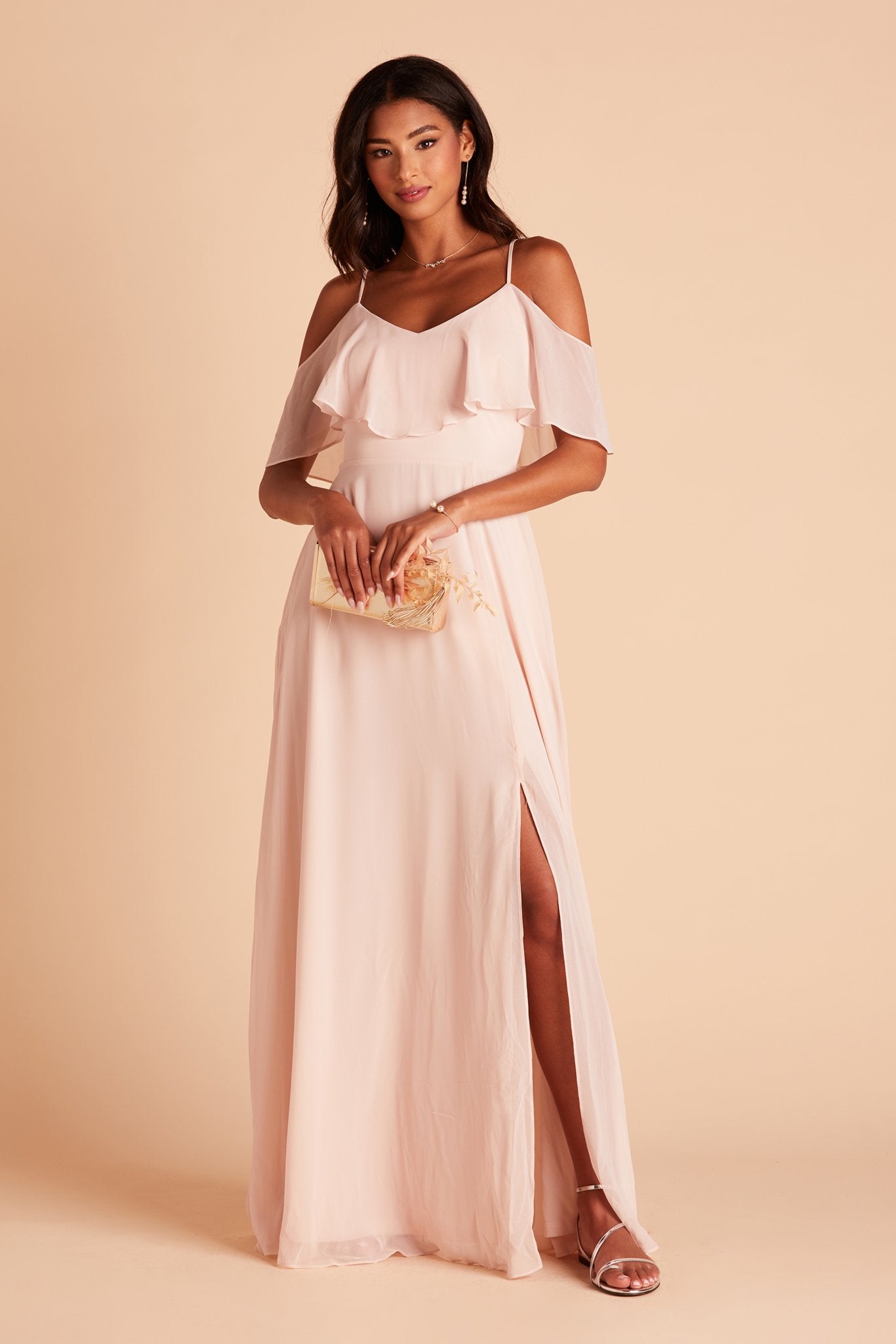 Jane convertible bridesmaid dress with slit in pale blush chiffon by Birdy Grey, front view