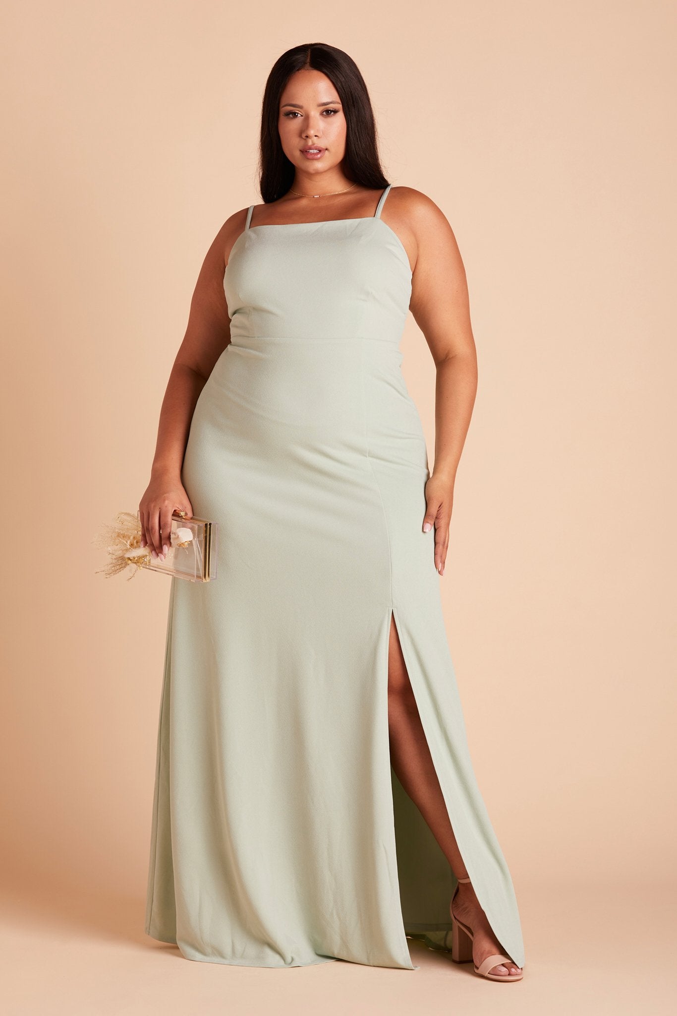 Benny plus size bridesmaid dress with slit in sage green crepe by Birdy Grey, front view