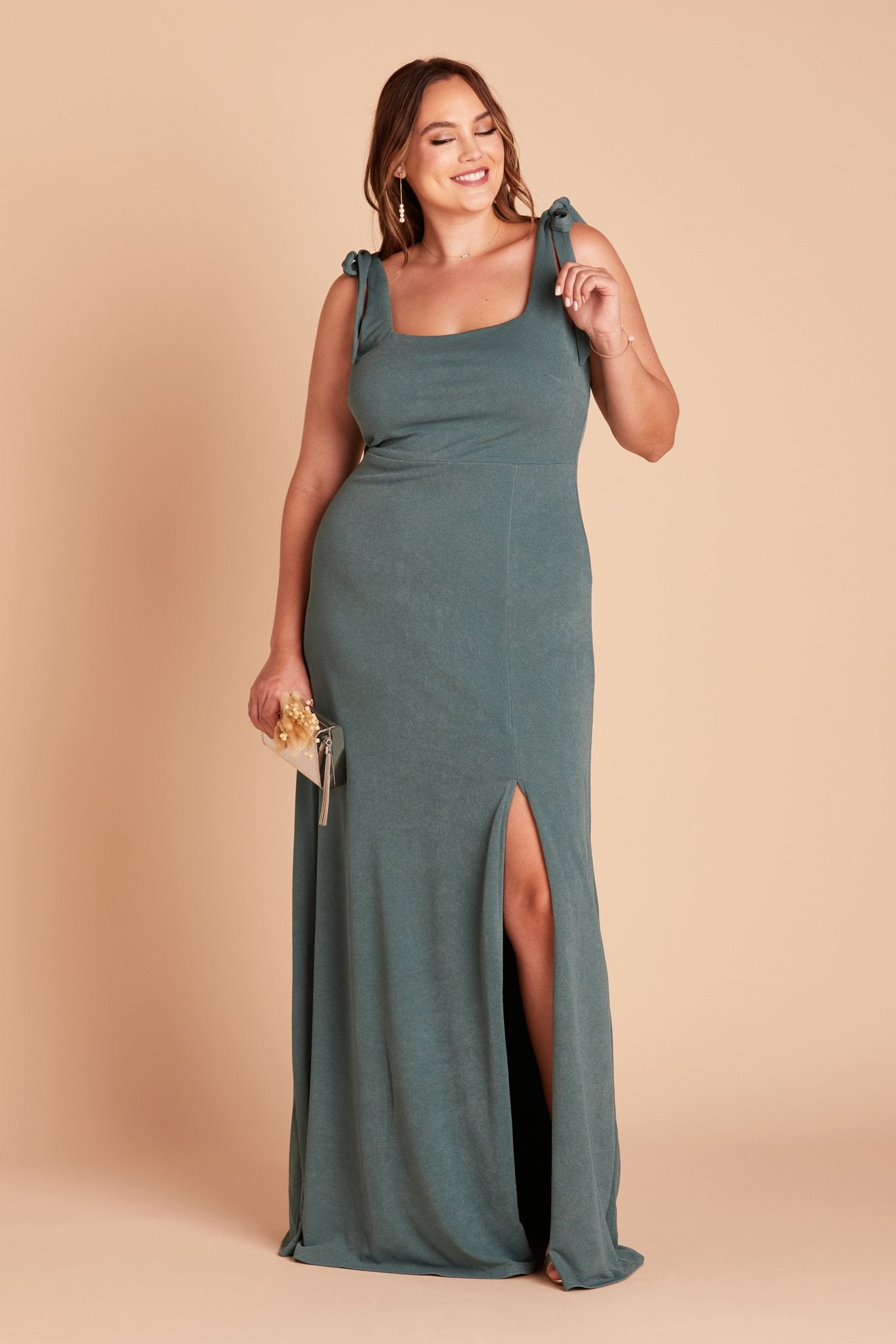 Alex convertible plus size bridesmaid dress with slit in sea glass green crepe by Birdy Grey, front view