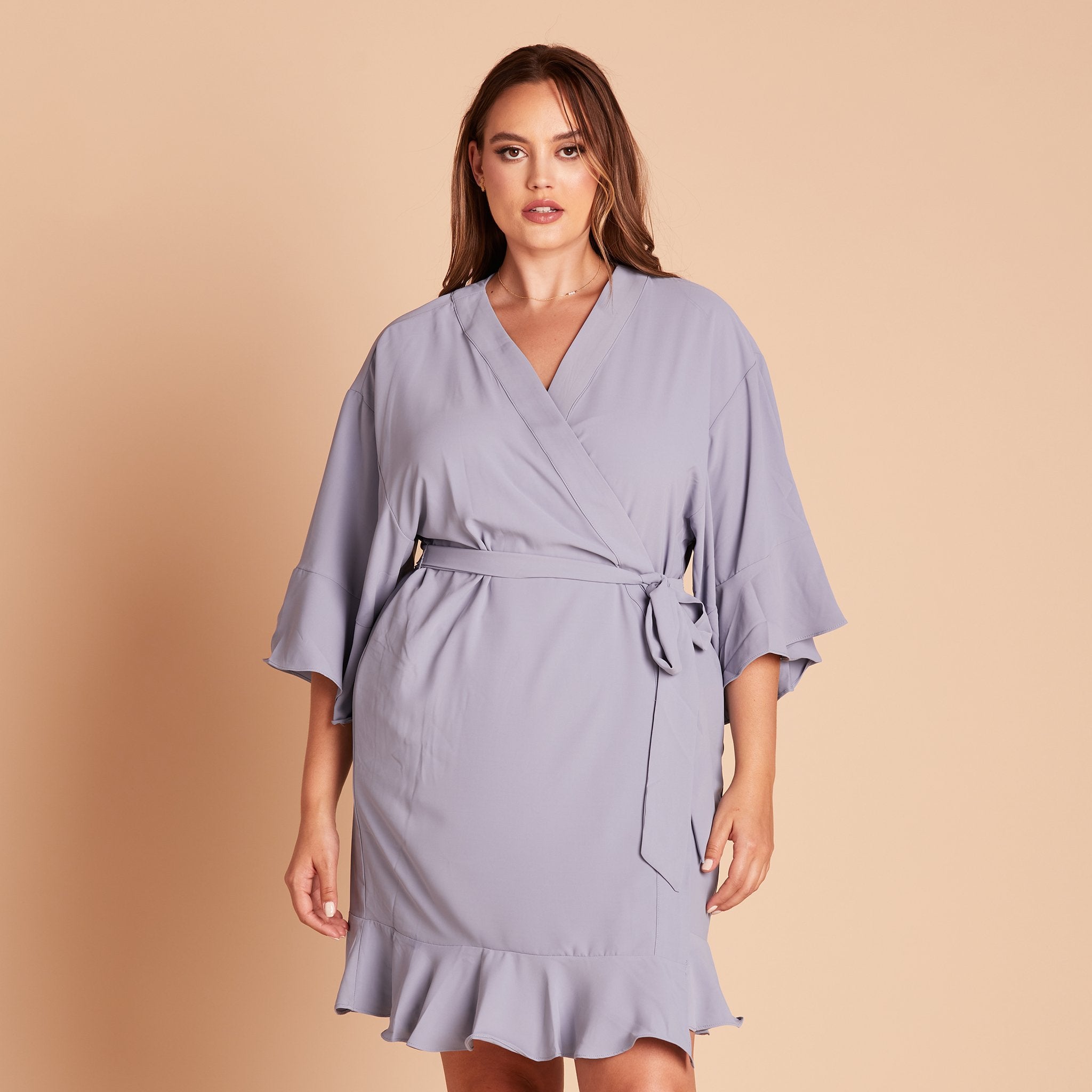 Kenny Ruffle Robe in dusty blue by Birdy Grey, front view