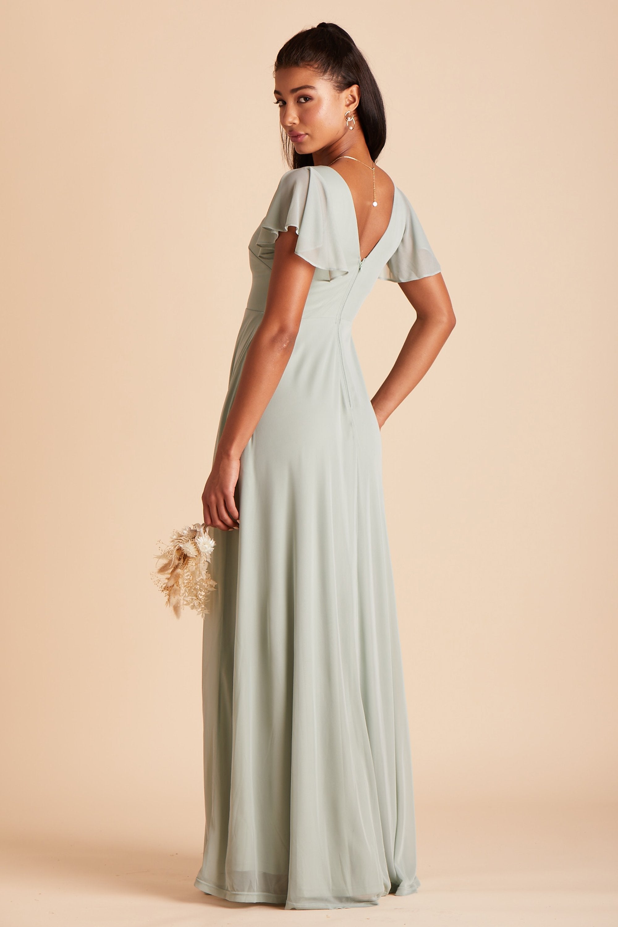 Hannah bridesmaids dress in sage green mesh by Birdy Grey, side view
