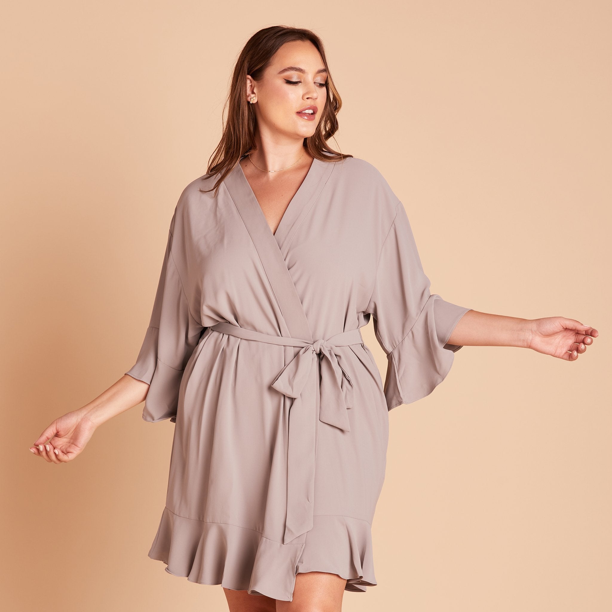 Kenny Ruffle Robe in gray by Birdy Grey, front view