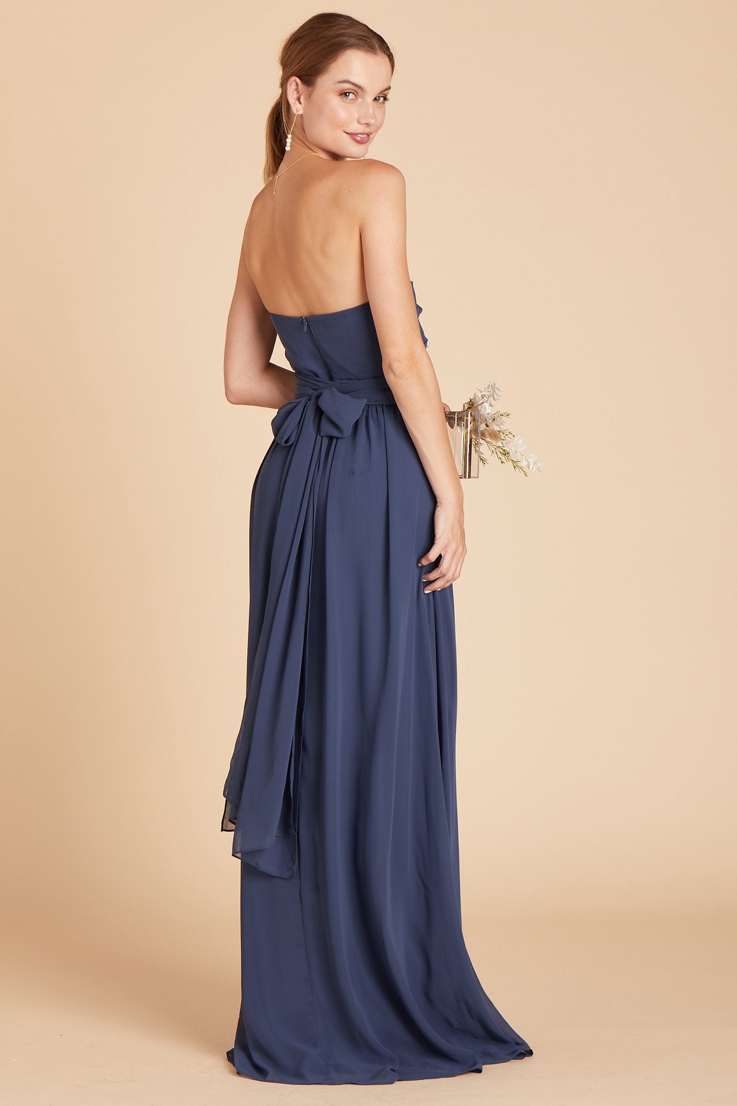 Grace convertible bridesmaid dress in slate blue chiffon by Birdy Grey, side view